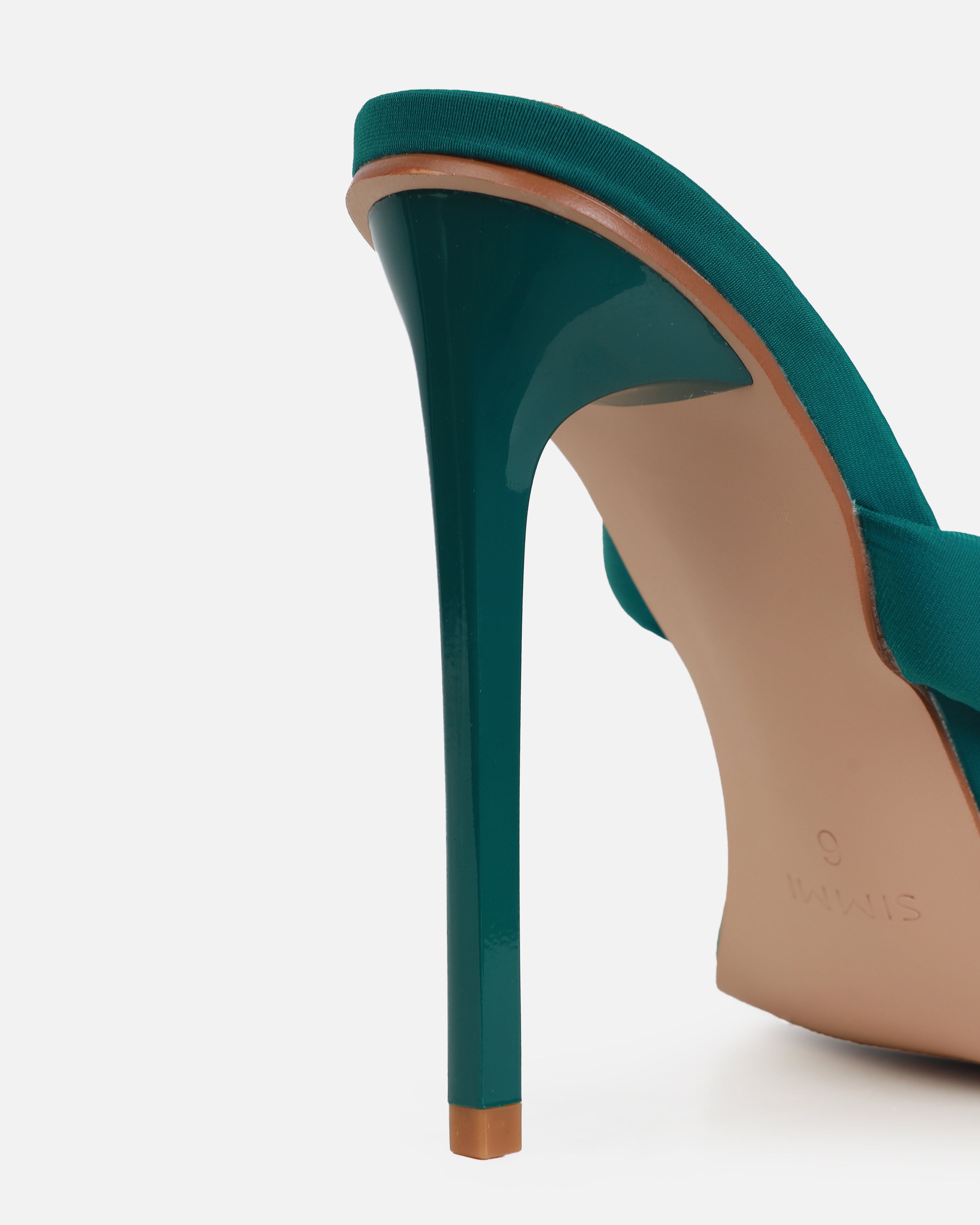 Elliana Dark Green Lycra Padded Twist Mules | SIMMI London