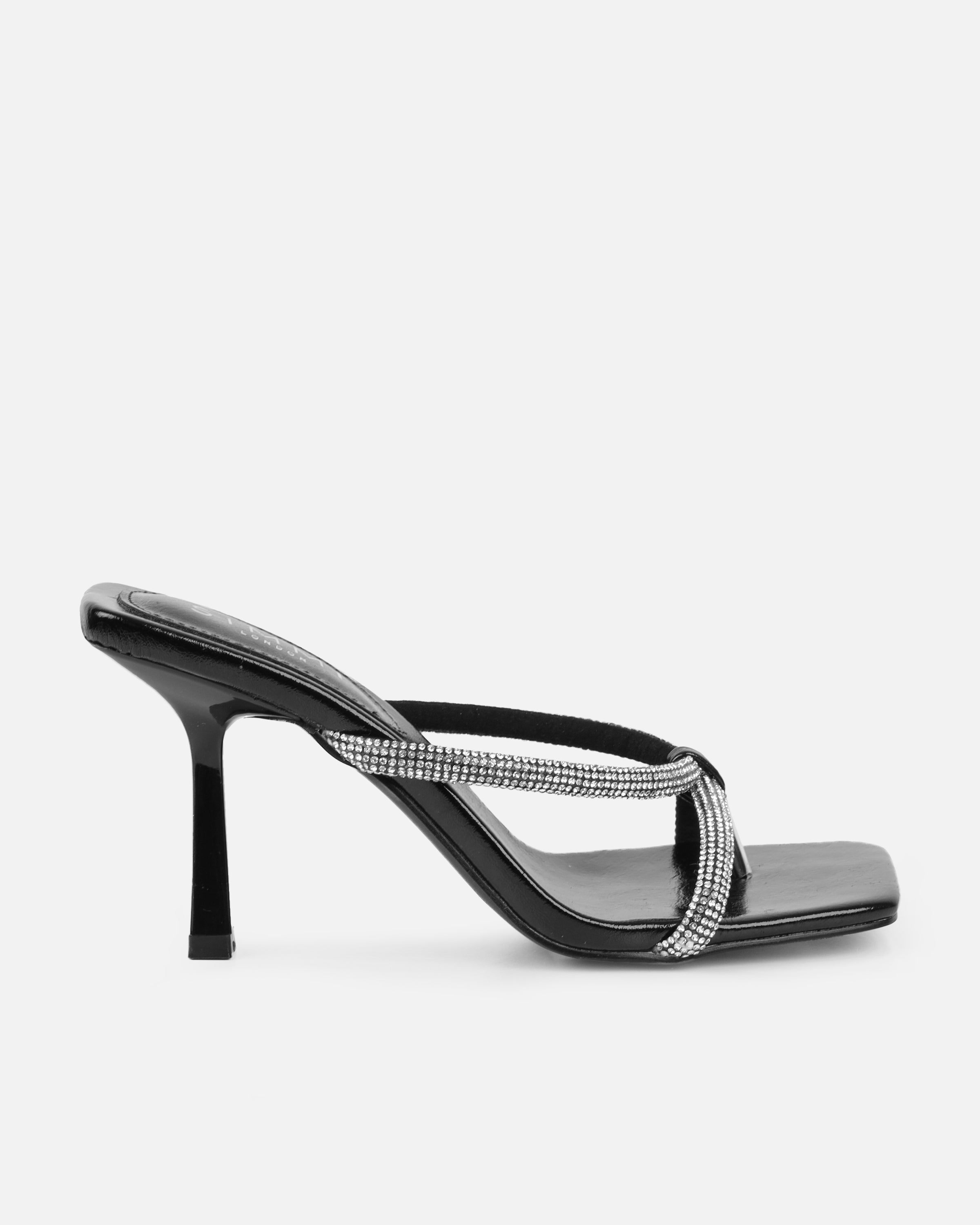 Emmie Black Patent Diamante Toe Thong Sandals | SIMMI London
