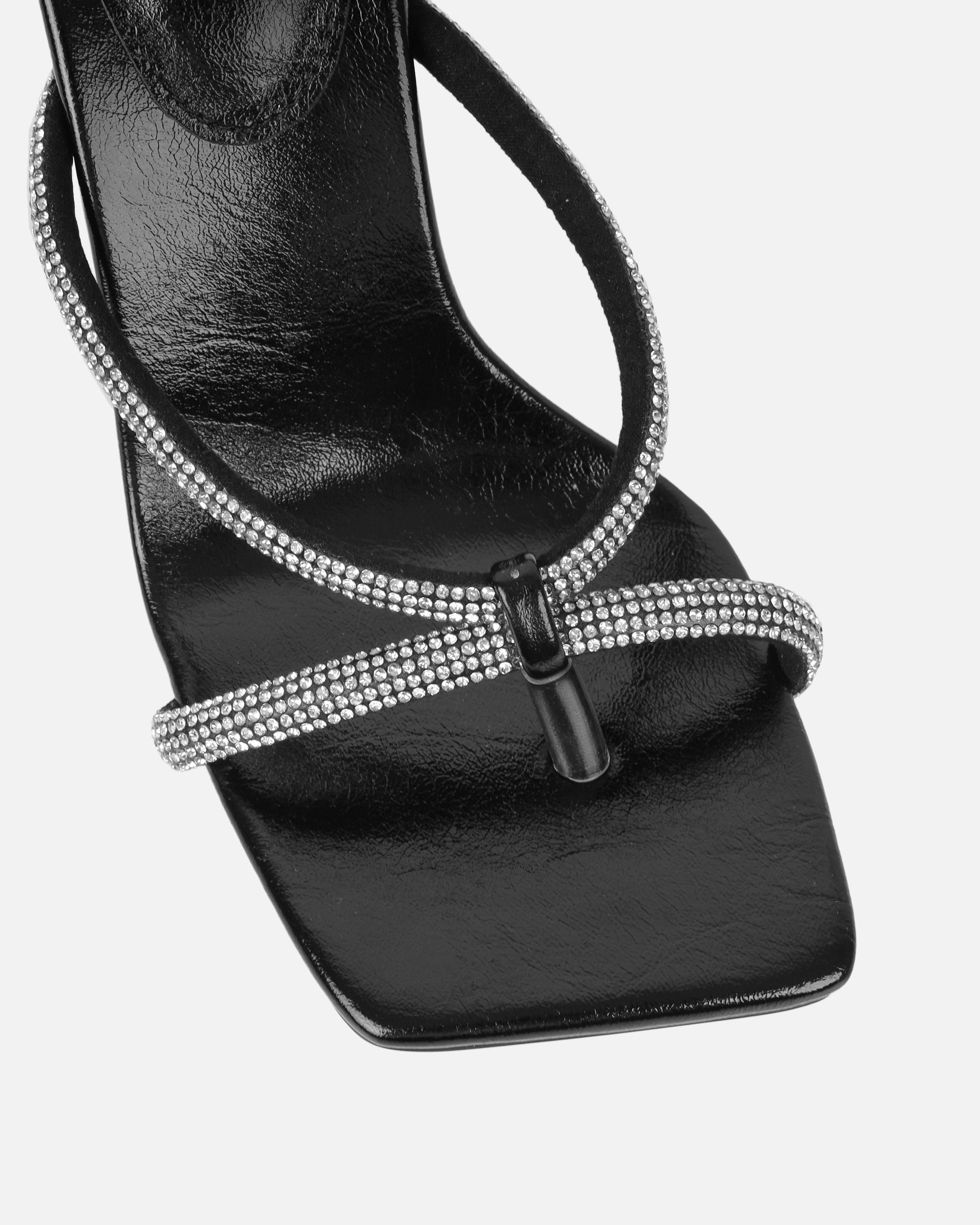 Emmie Black Patent Diamante Toe Thong Sandals | SIMMI London