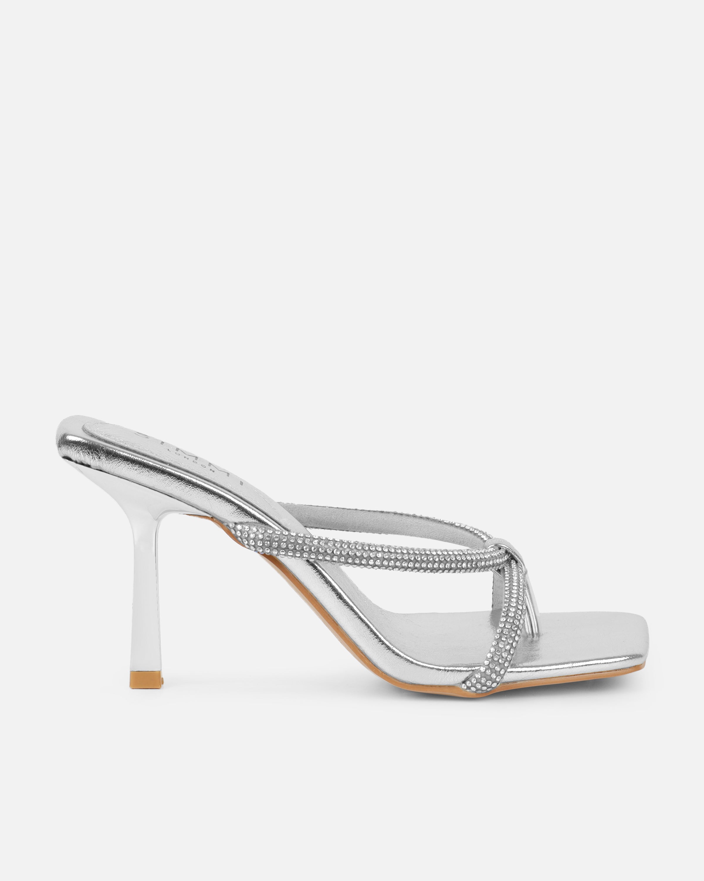 Emmie Silver Metallic Diamante Toe Thong Sandals | SIMMI London