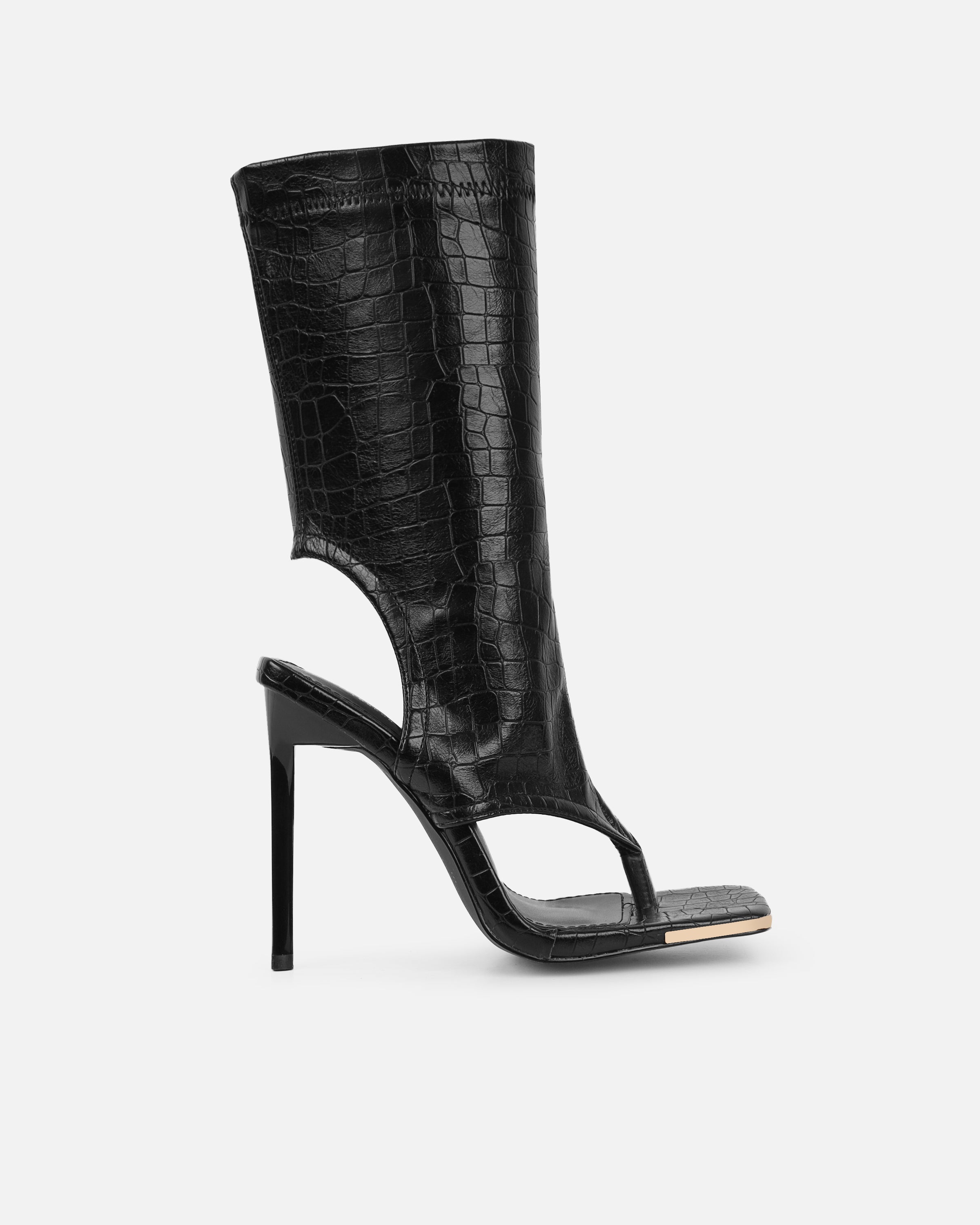Senya Black Faux Croc Toe Thong Heeled Boots | SIMMI London