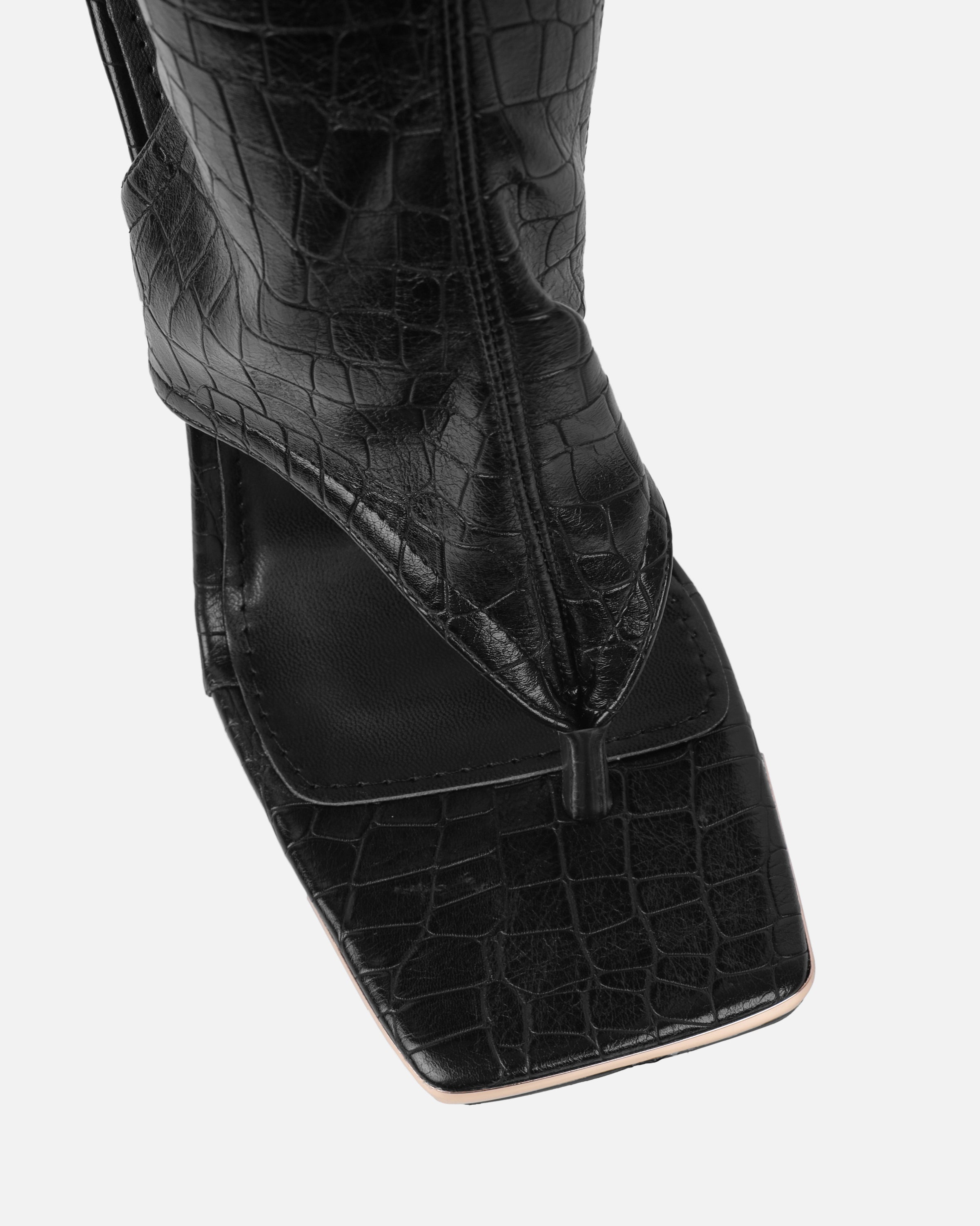 Senya Black Faux Croc Toe Thong Heeled Boots | SIMMI London