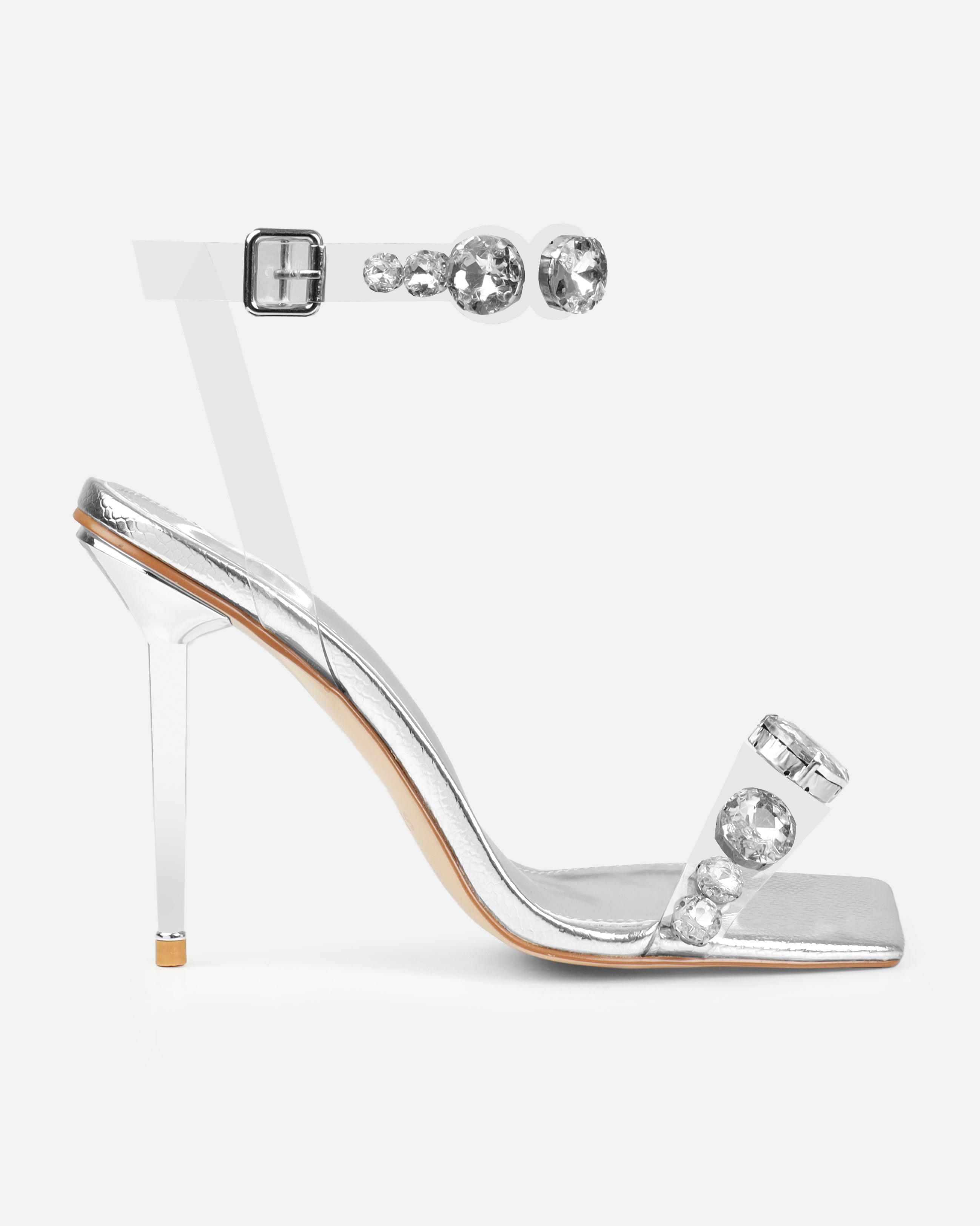 Tasha Ghouri Serlida Silver Faux Snake Print Clear Gem Heels | SIMMI London