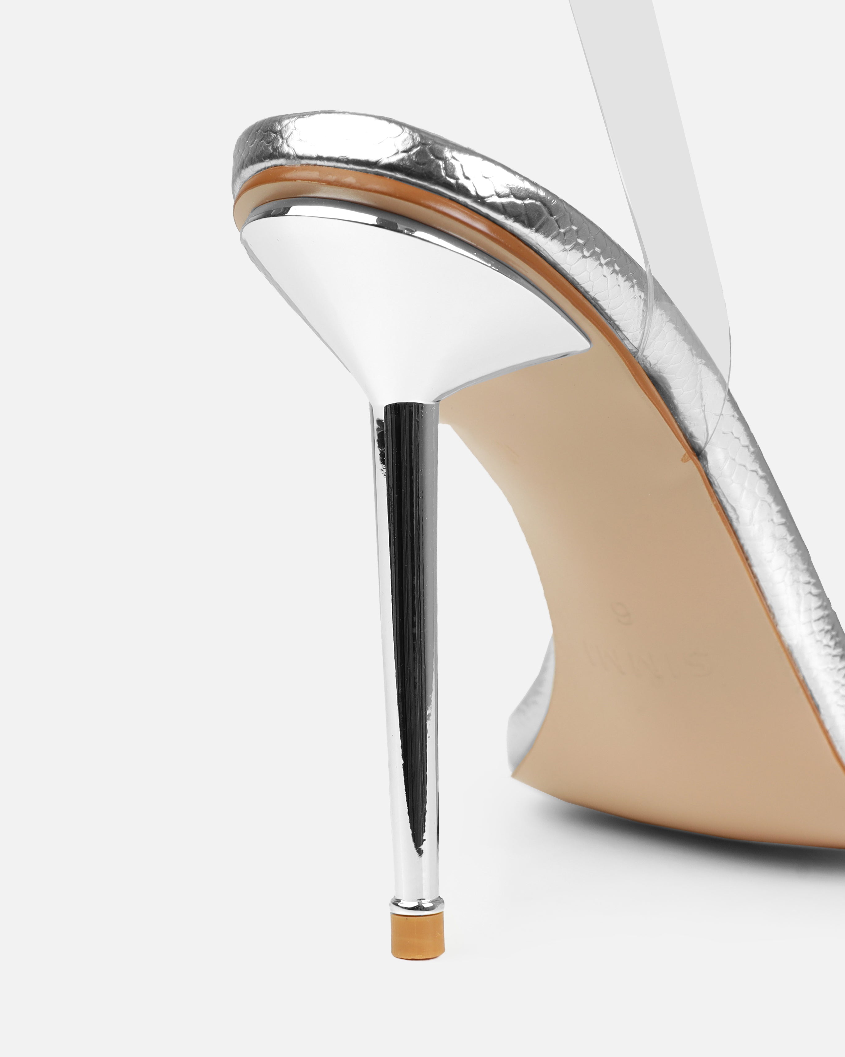 Tasha Ghouri Serlida Silver Faux Snake Print Clear Gem Heels | SIMMI London