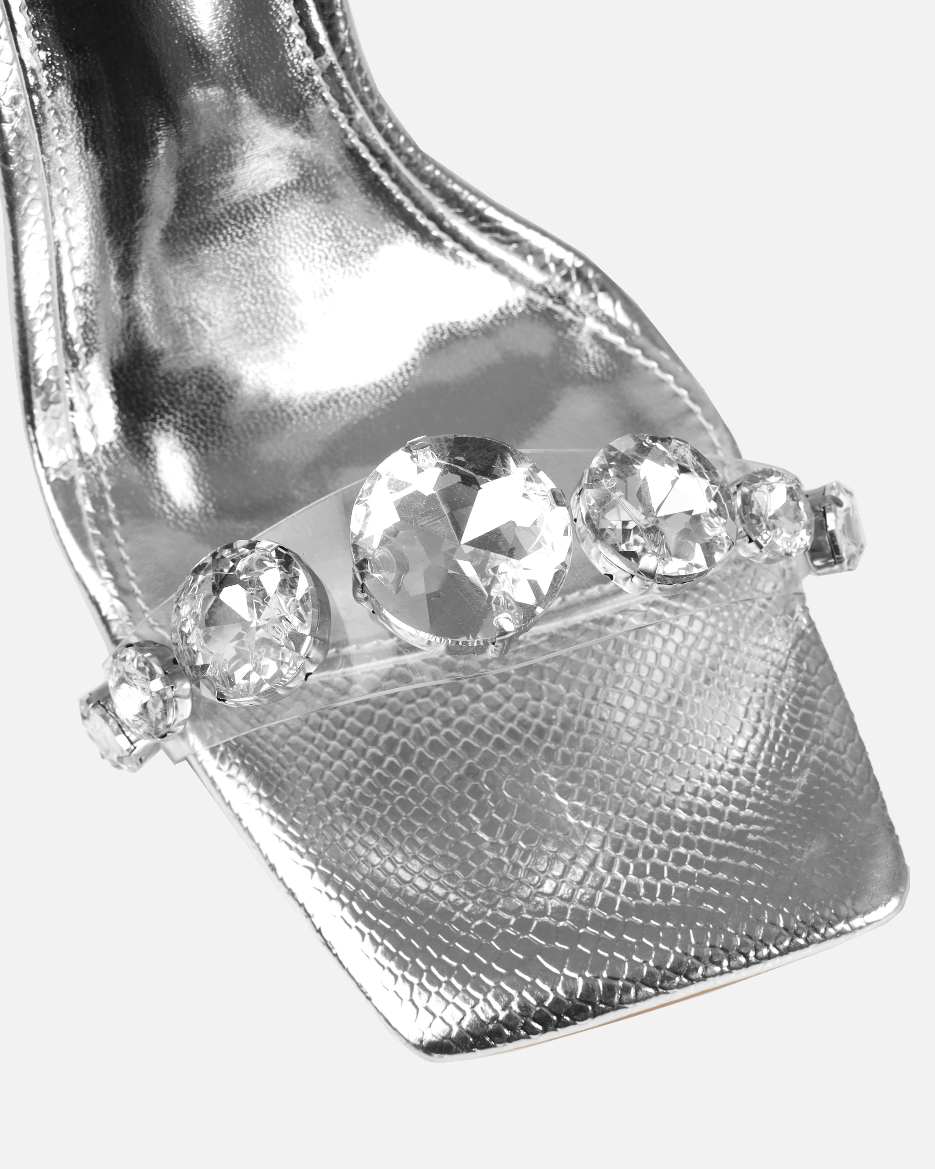 Tasha Ghouri Serlida Silver Faux Snake Print Clear Gem Heels | SIMMI London