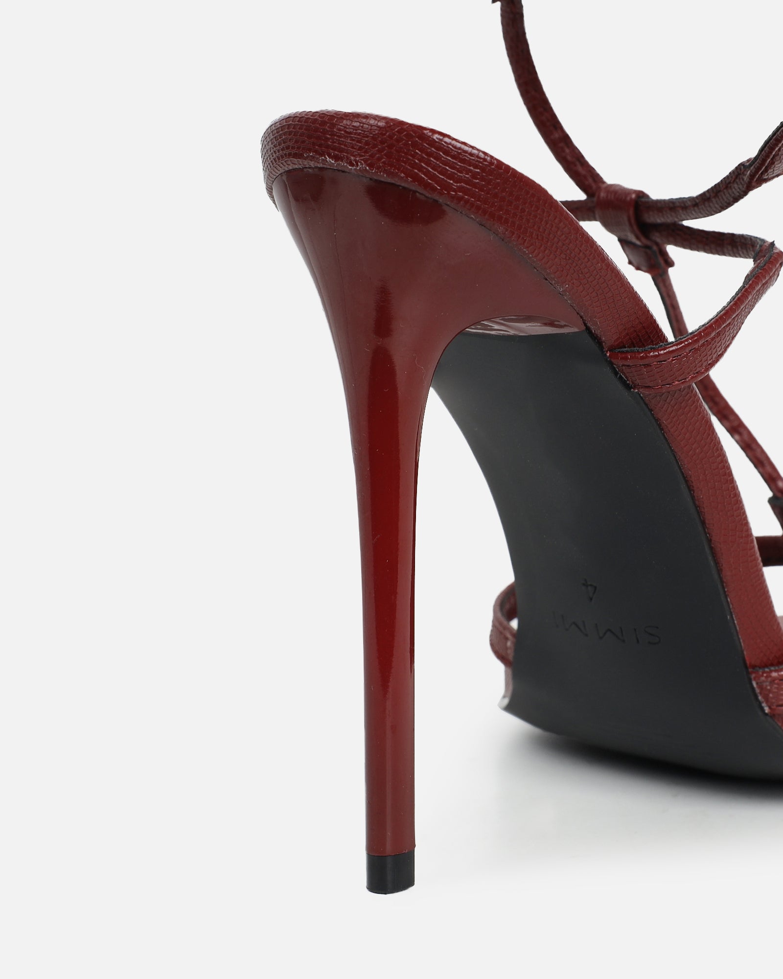Evara Burgundy Lizard Strappy Heeled Sandals | SIMMI London