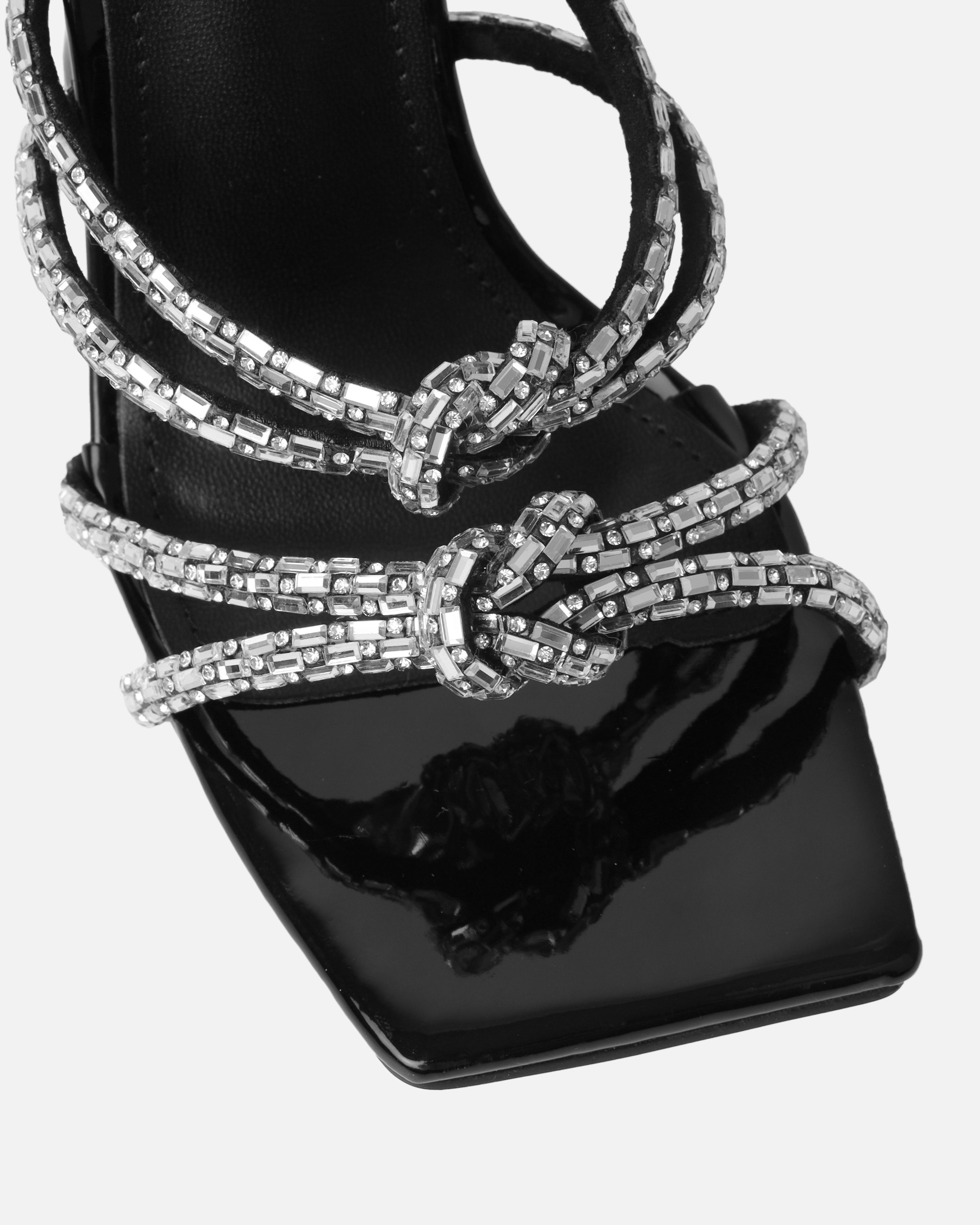 Ethelyn Black Patent Diamante Flare Heel Mules | SIMMI London