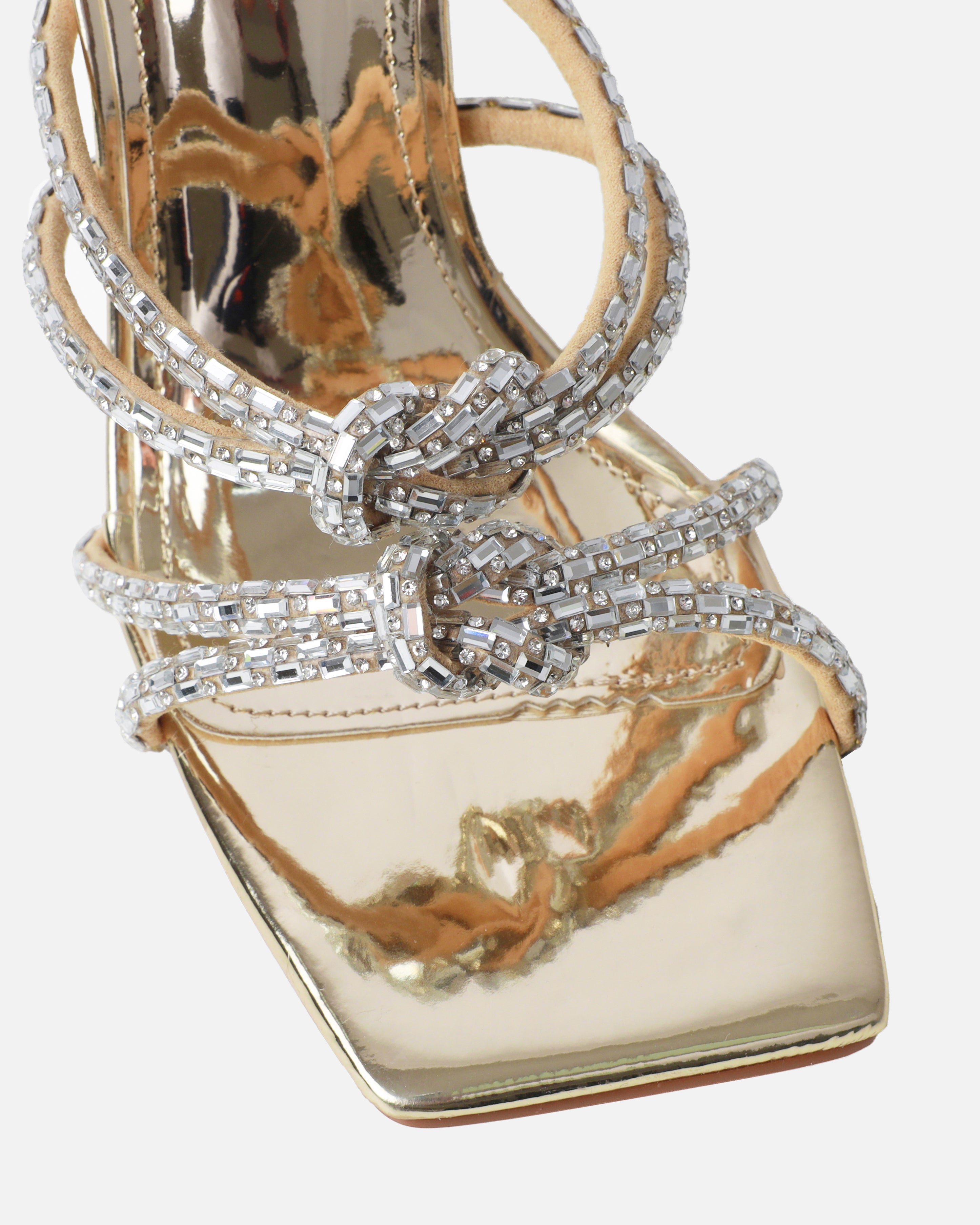 Ethelyn Gold Mirror Diamante Flare Heel Mules | SIMMI London