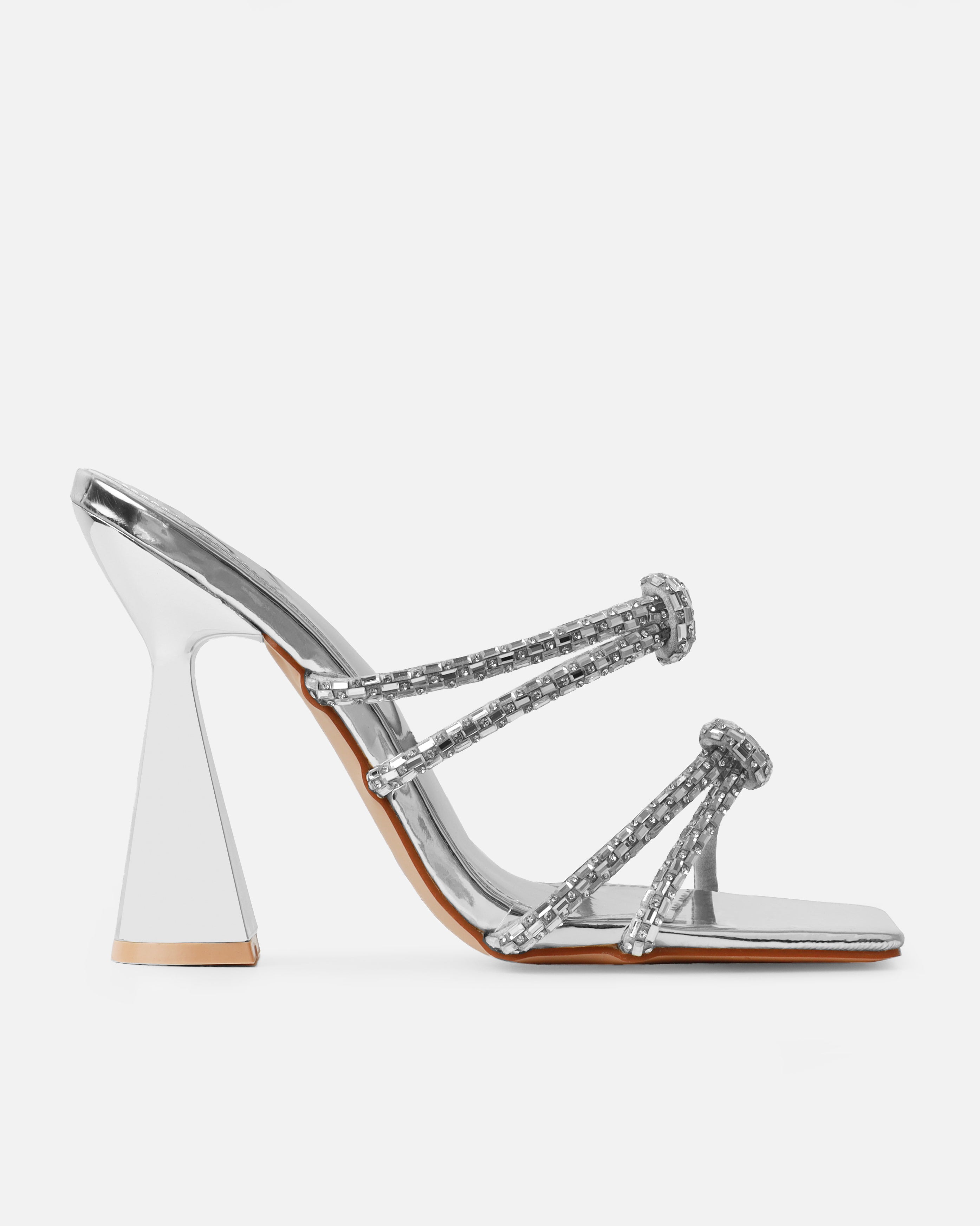 Ethelyn Silver Mirror Diamante Flare Heel Mules | SIMMI London