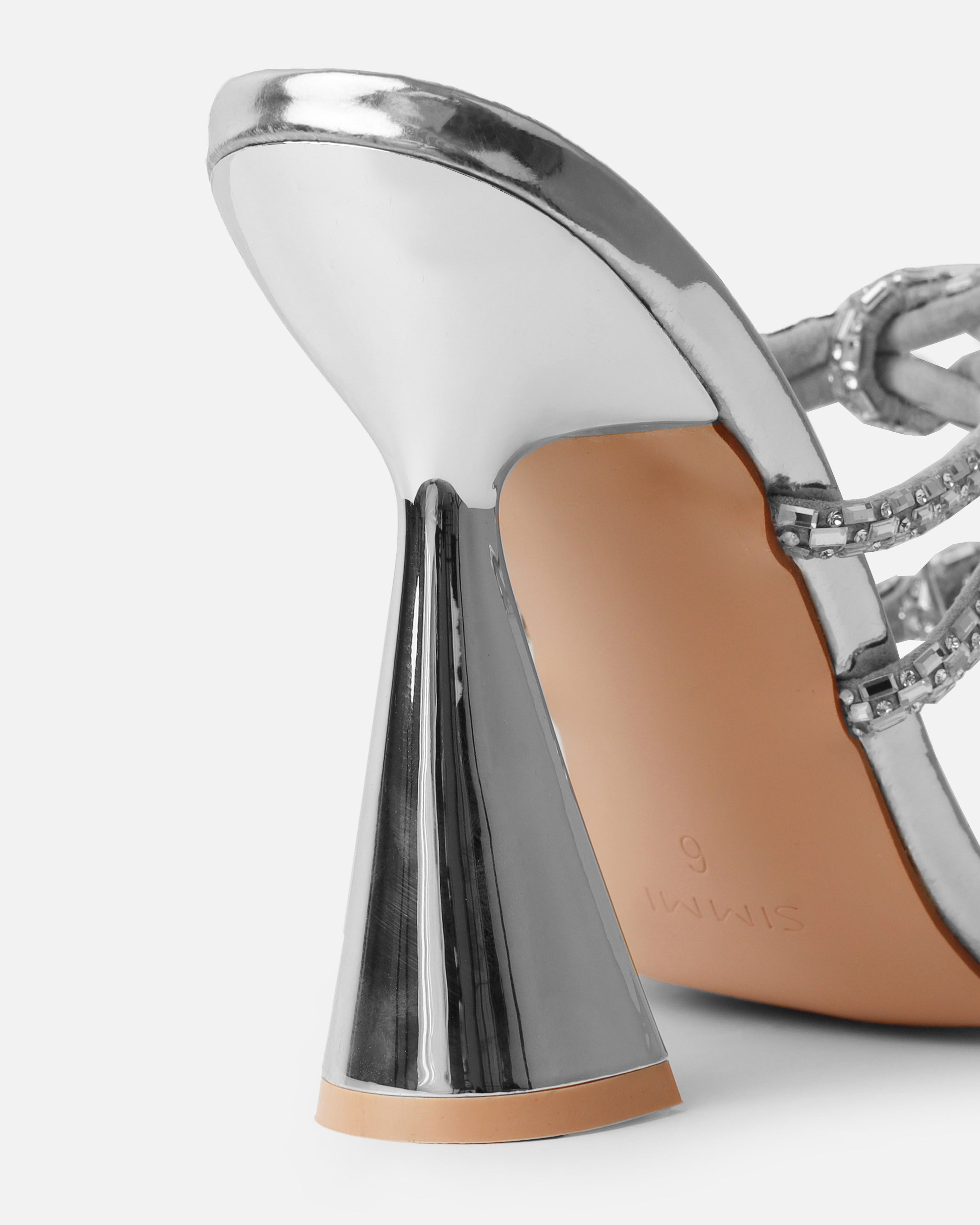 Ethelyn Silver Mirror Diamante Flare Heel Mules | SIMMI London