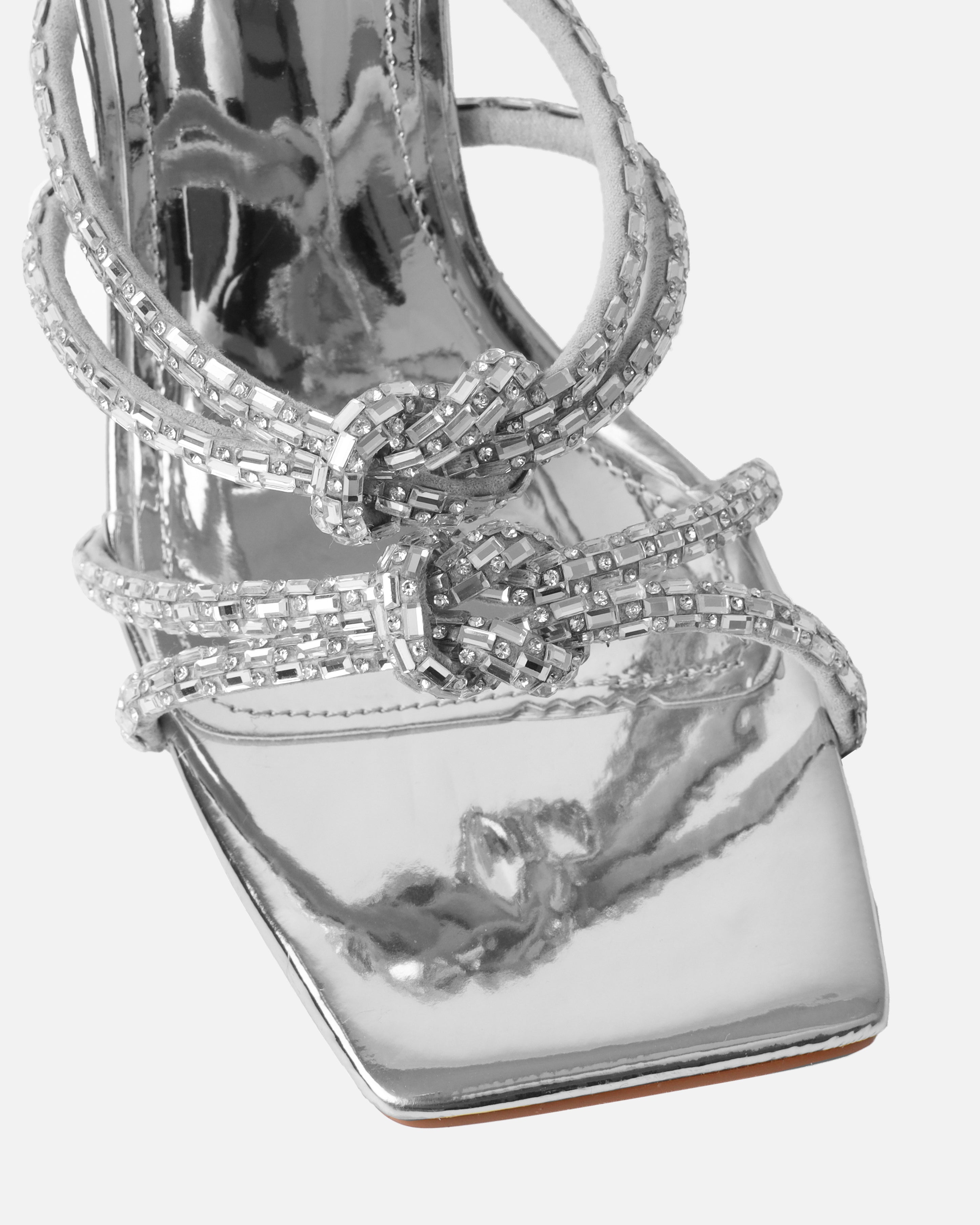 Ethelyn Silver Mirror Diamante Flare Heel Mules | SIMMI London