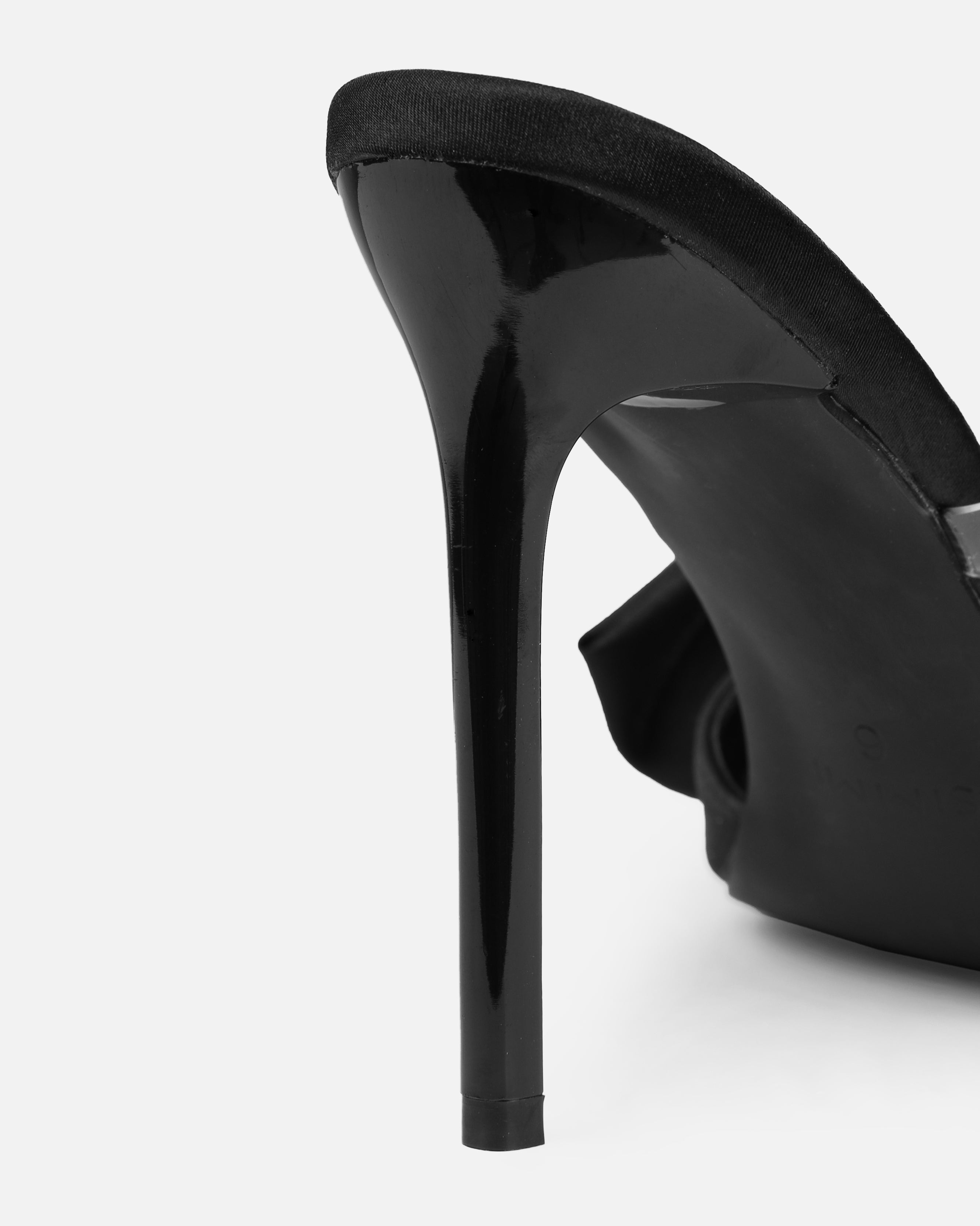 Ilara Black Satin Clear Diamante Heart Bow Mules | SIMMI London