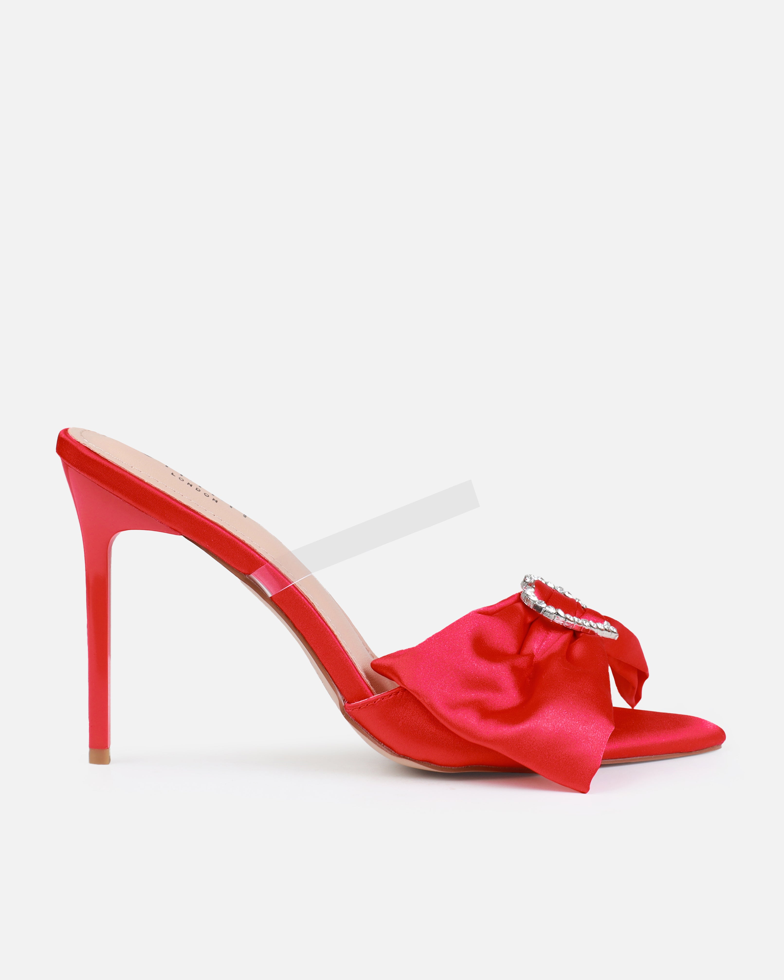 Ilara Red Satin Clear Diamante Heart Bow Mules | SIMMI London
