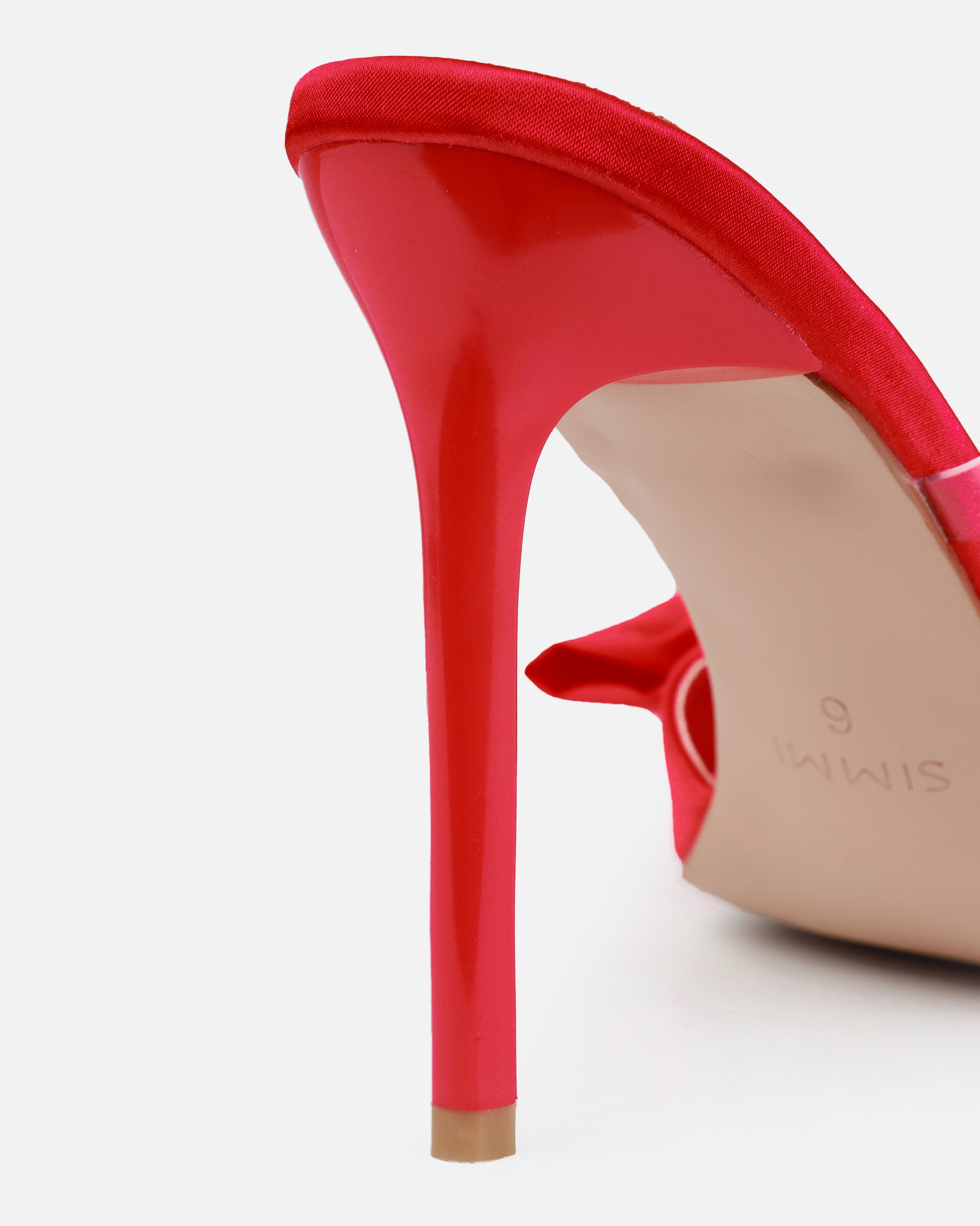 Ilara Red Satin Clear Diamante Heart Bow Mules | SIMMI London