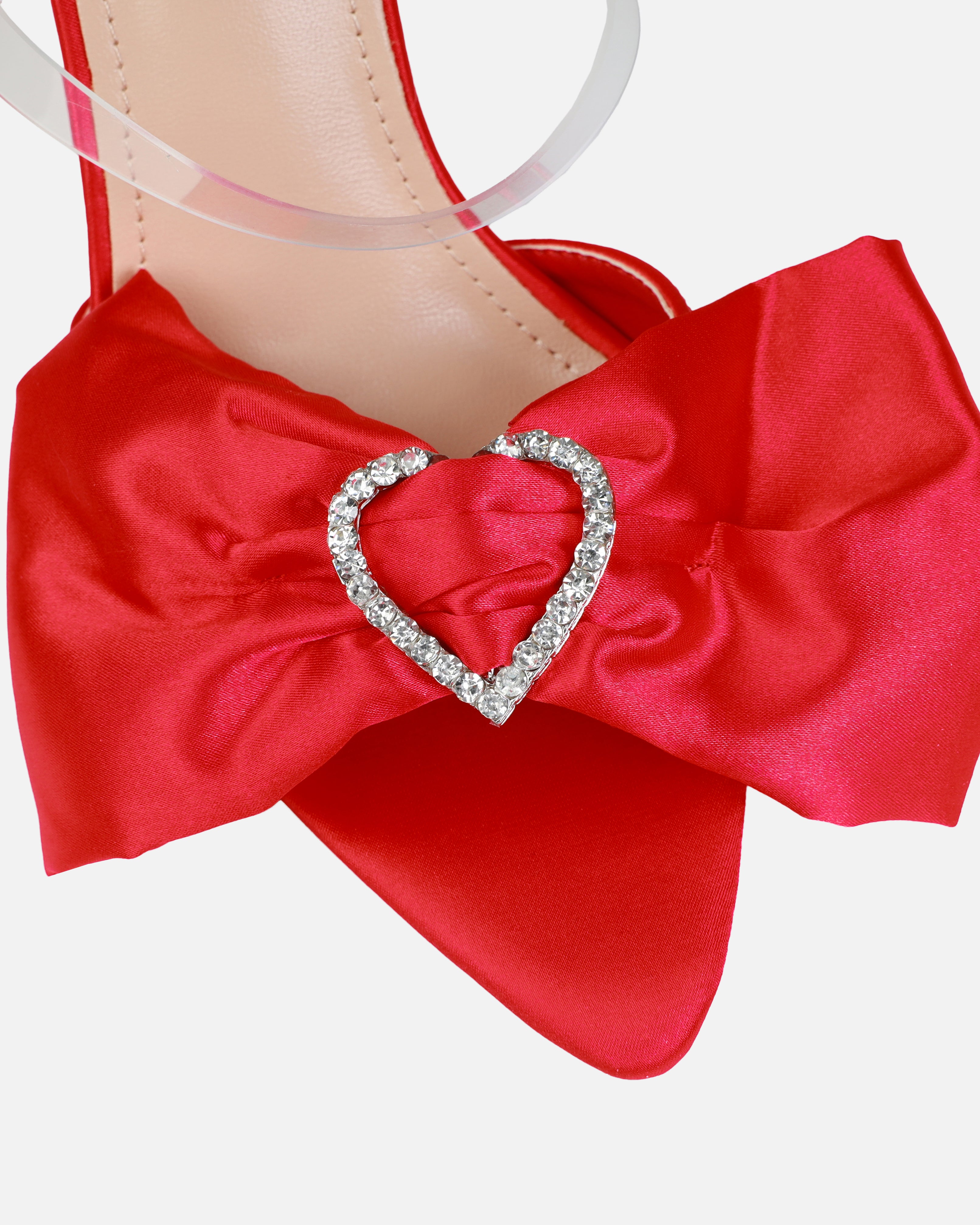 Ilara Red Satin Clear Diamante Heart Bow Mules | SIMMI London