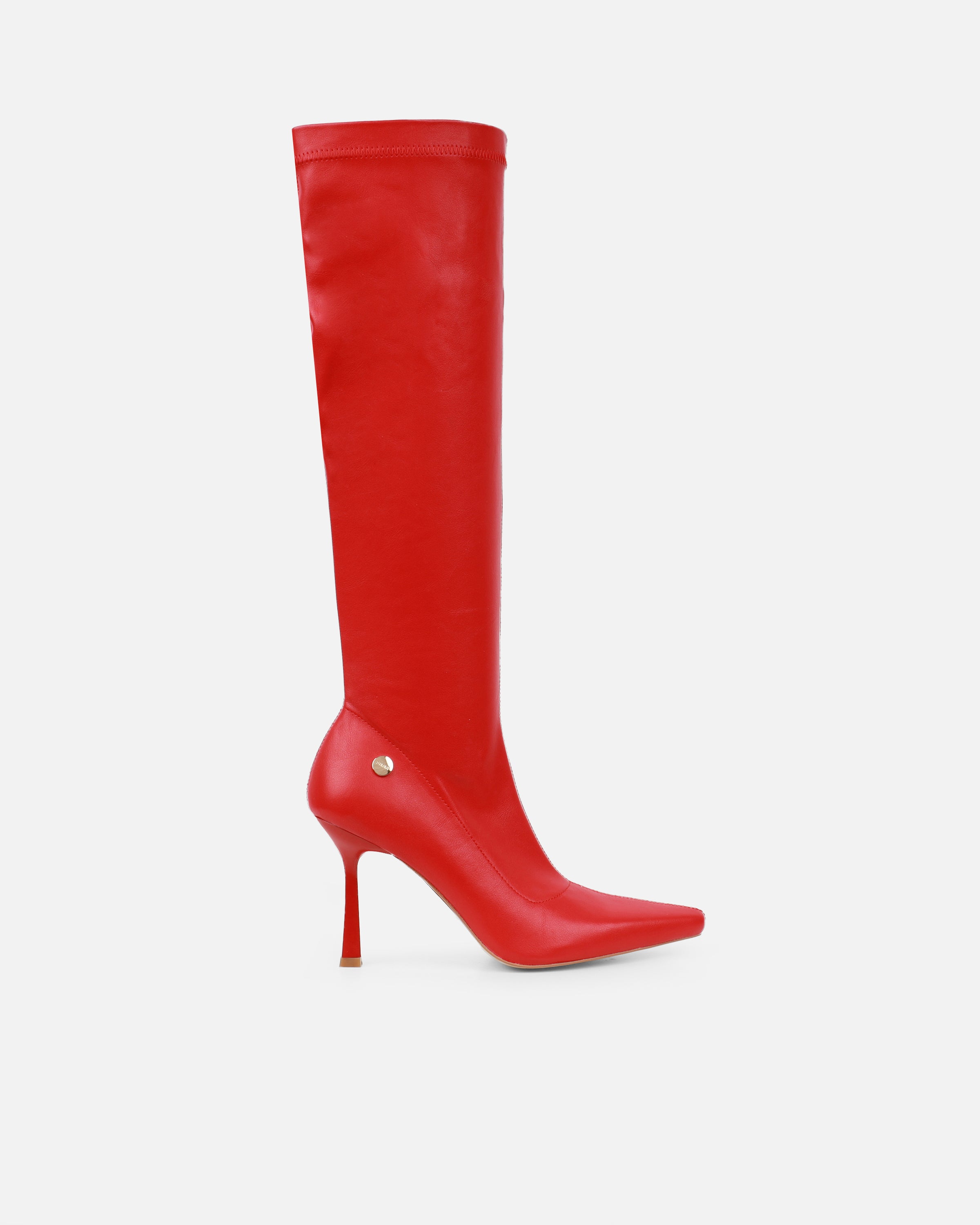 Fabbian red stretch heeled knee boots | SIMMI London