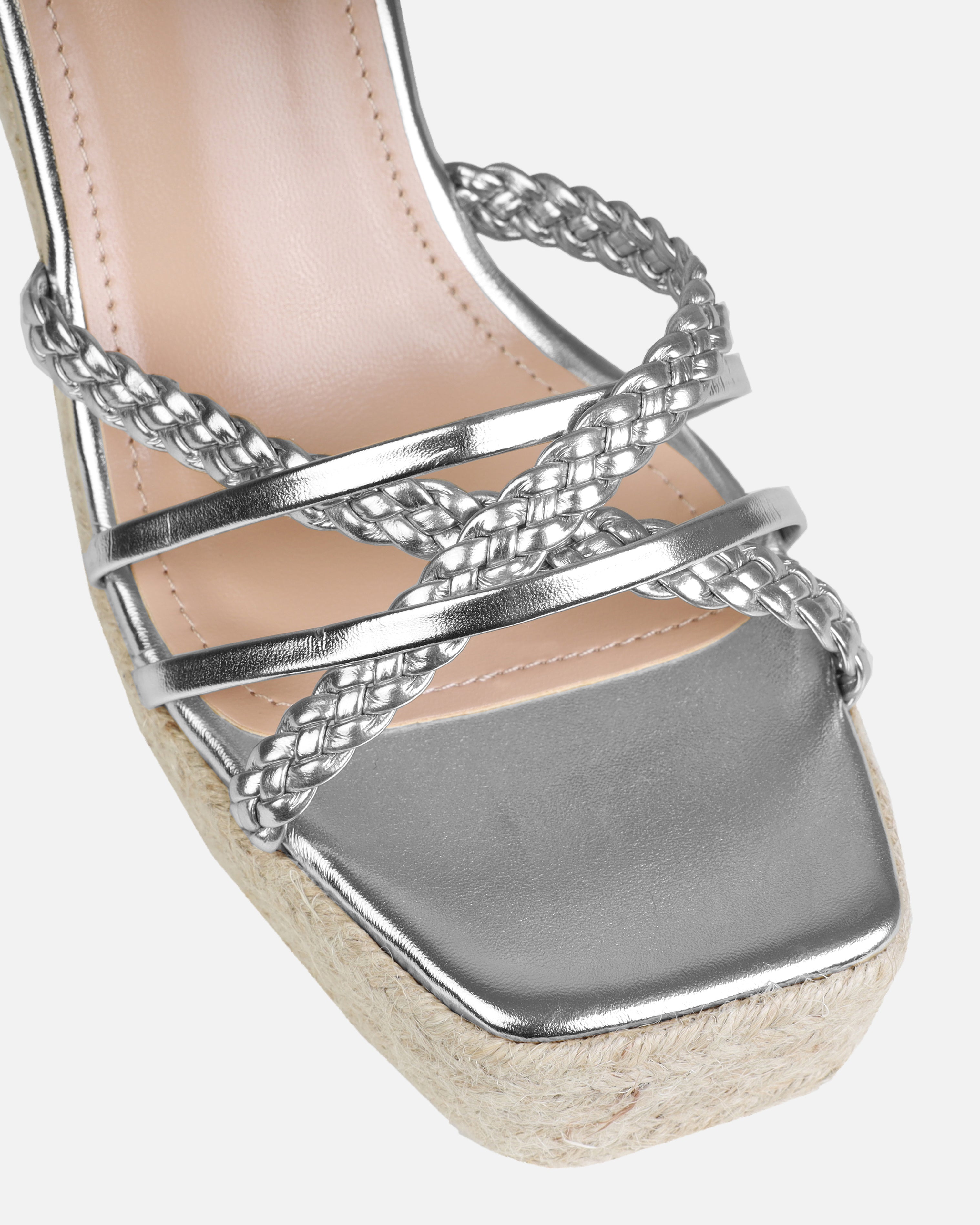 Olive Silver Braided Strappy Espadrille Wedges | SIMMI London