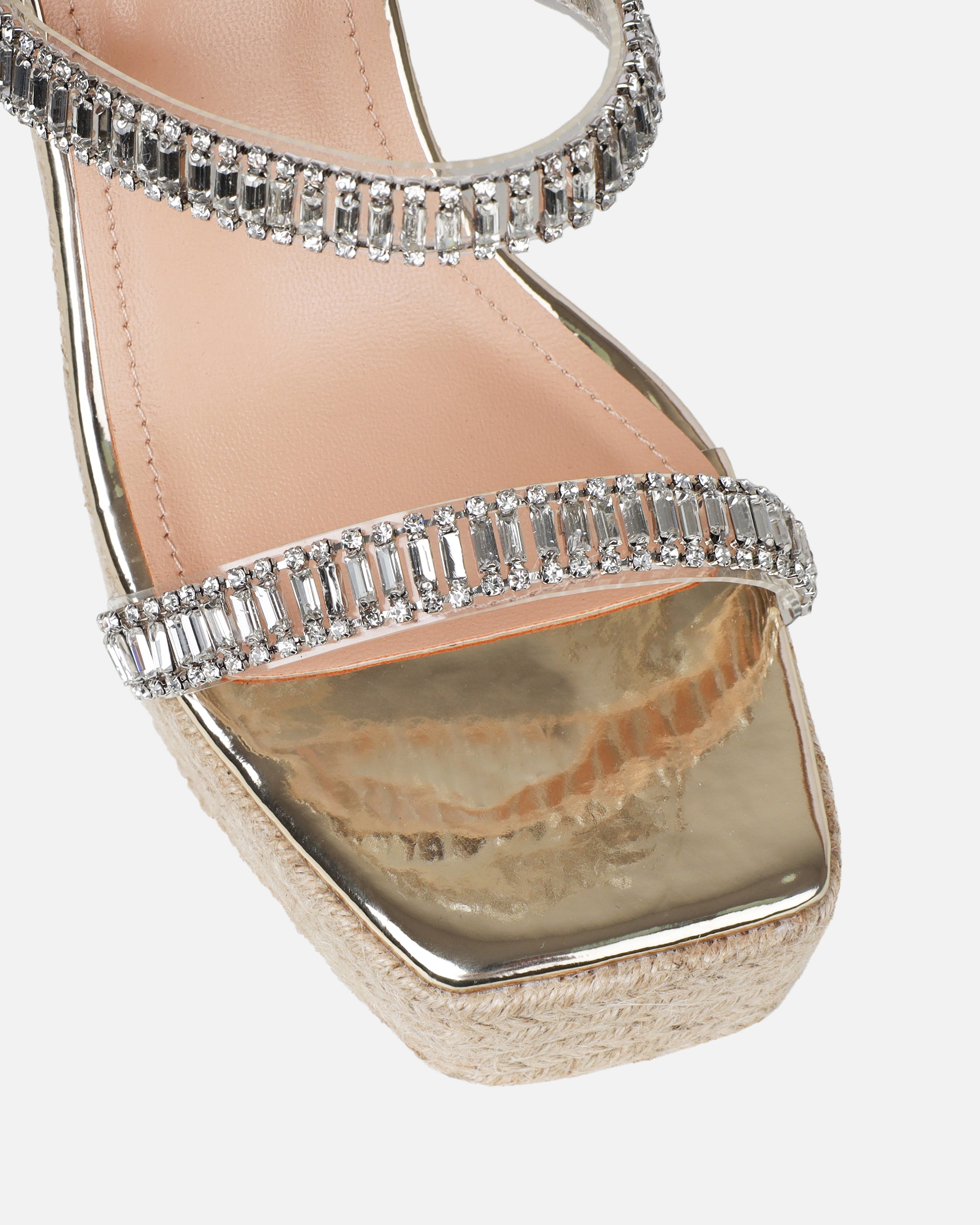 Celline Gold Diamante Strappy Espadrille Wedges