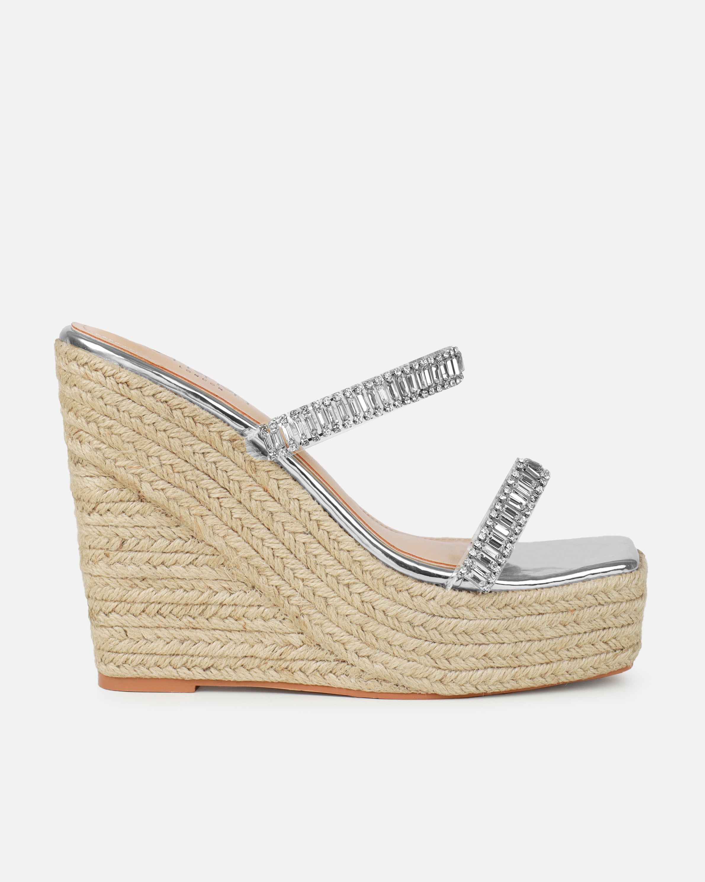 Celine Silver Diamante Strappy Espadrille Wedges | SIMMI London