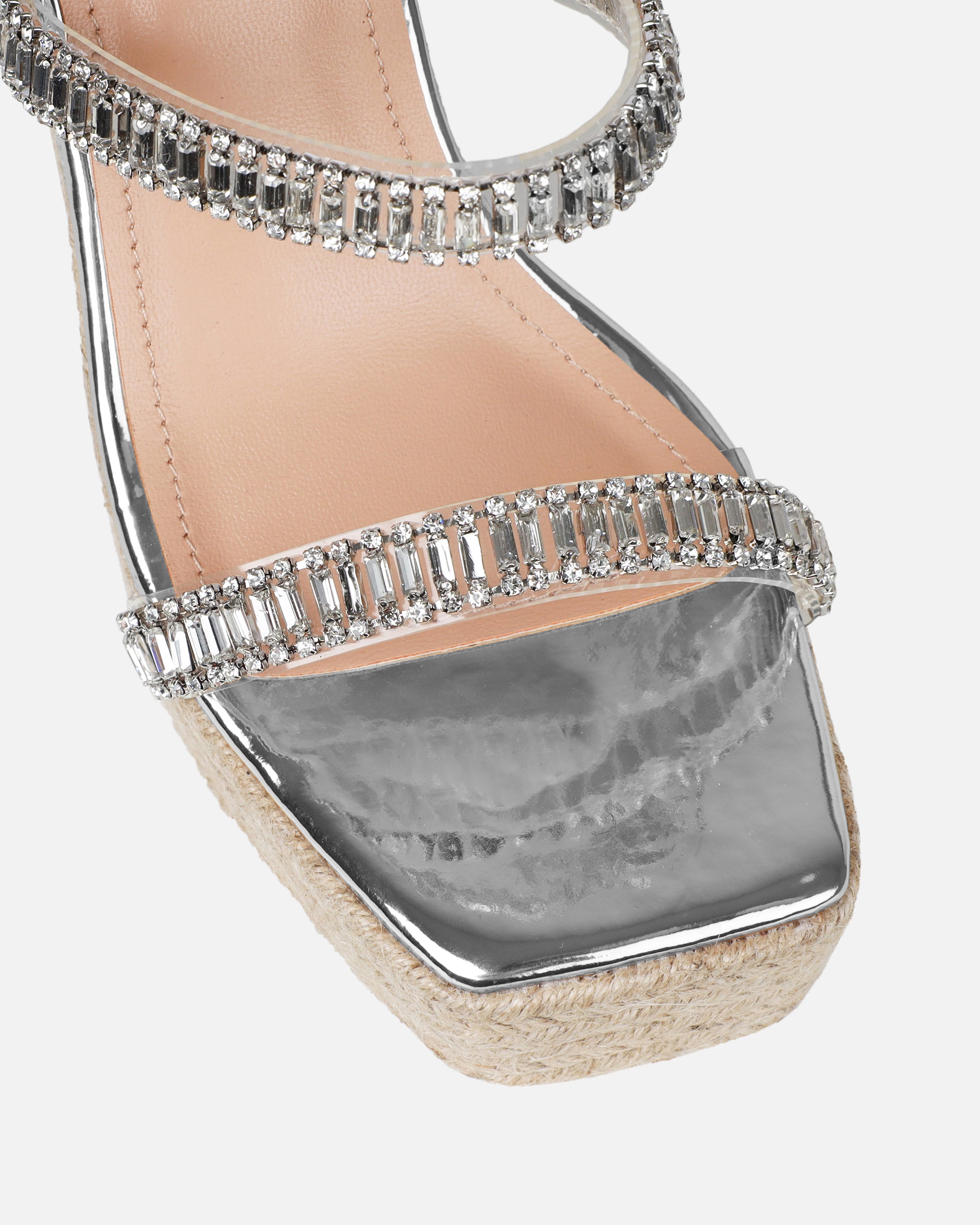 Celline Silver Diamante Strappy Espadrille Wedges