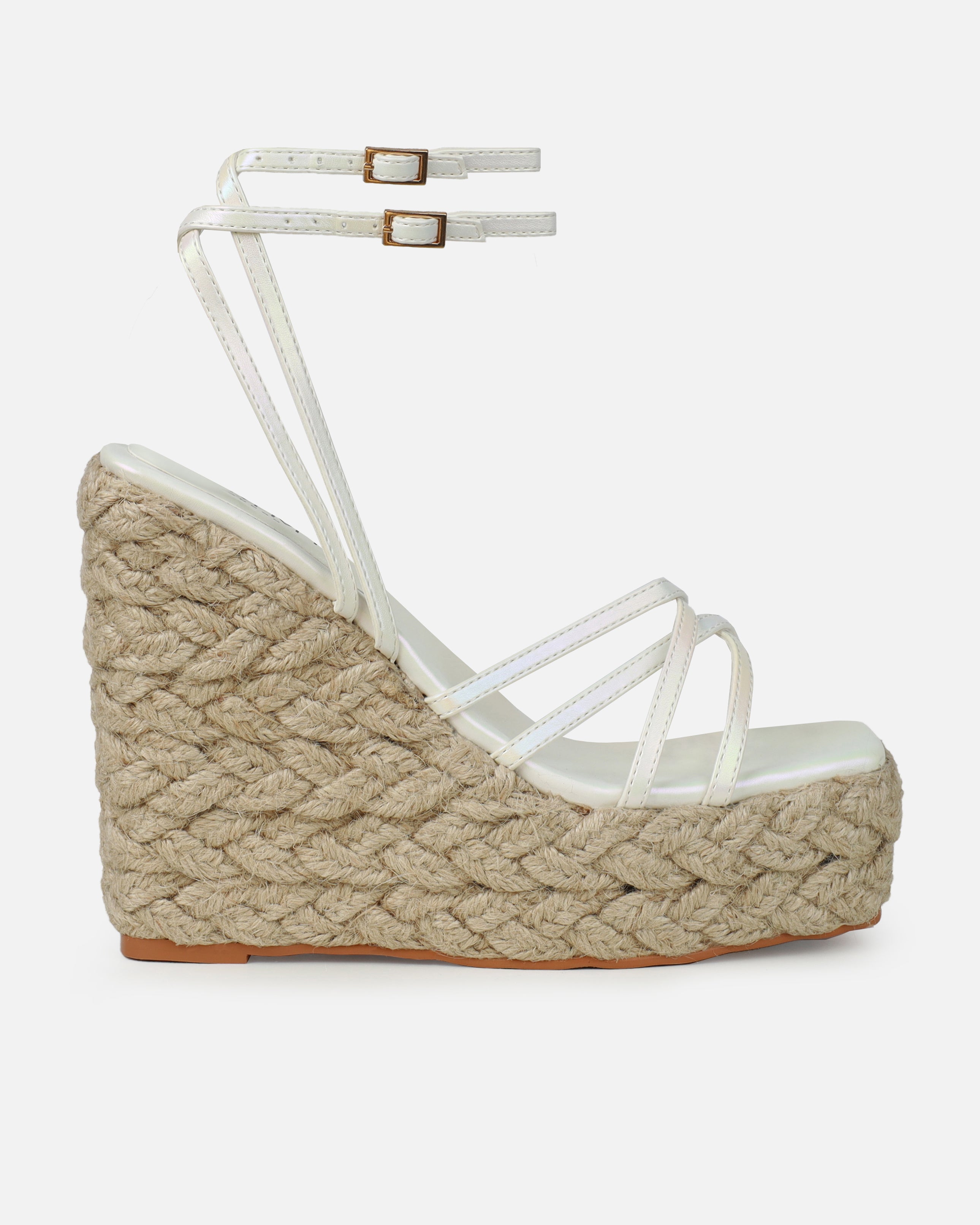 Akela White Pearlised Wedge Espadrille Sandals | SIMMI London