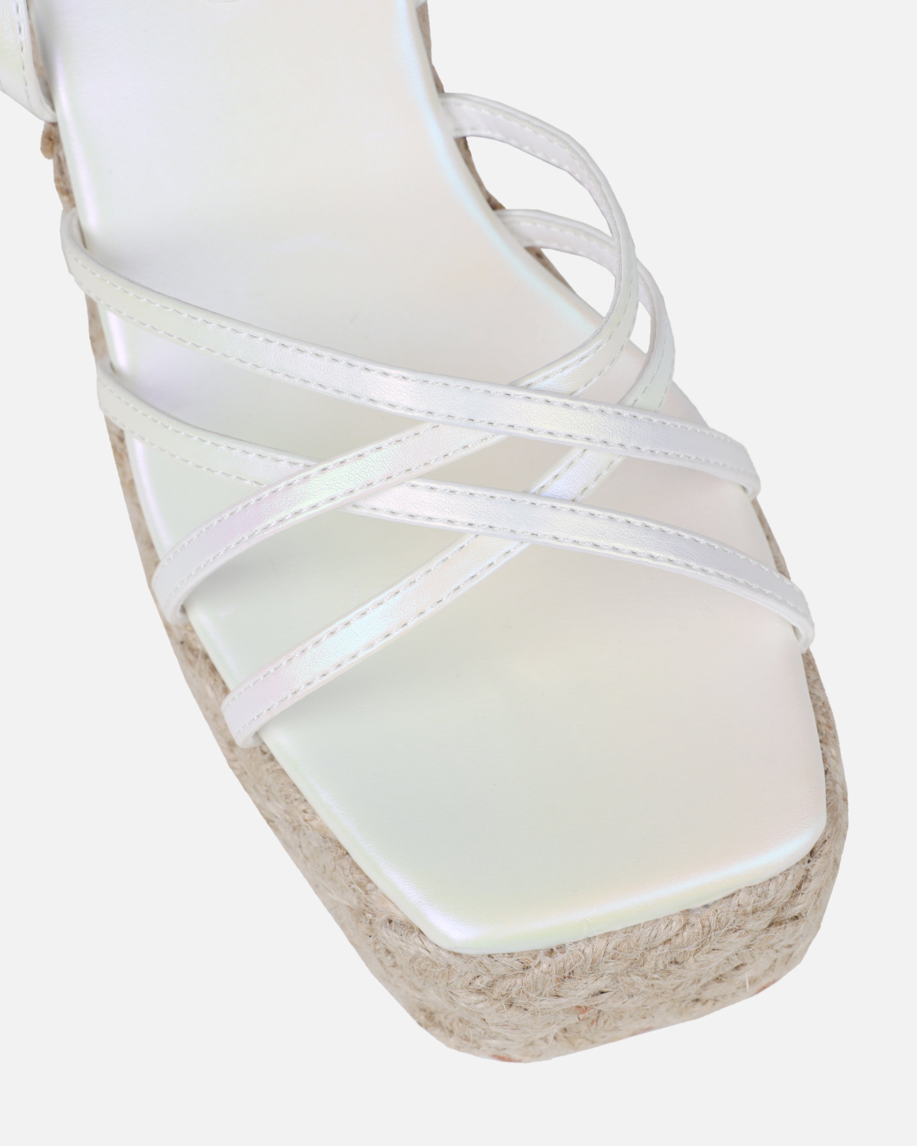 Akela White Pearlised Wedge Espadrille Sandals | SIMMI London