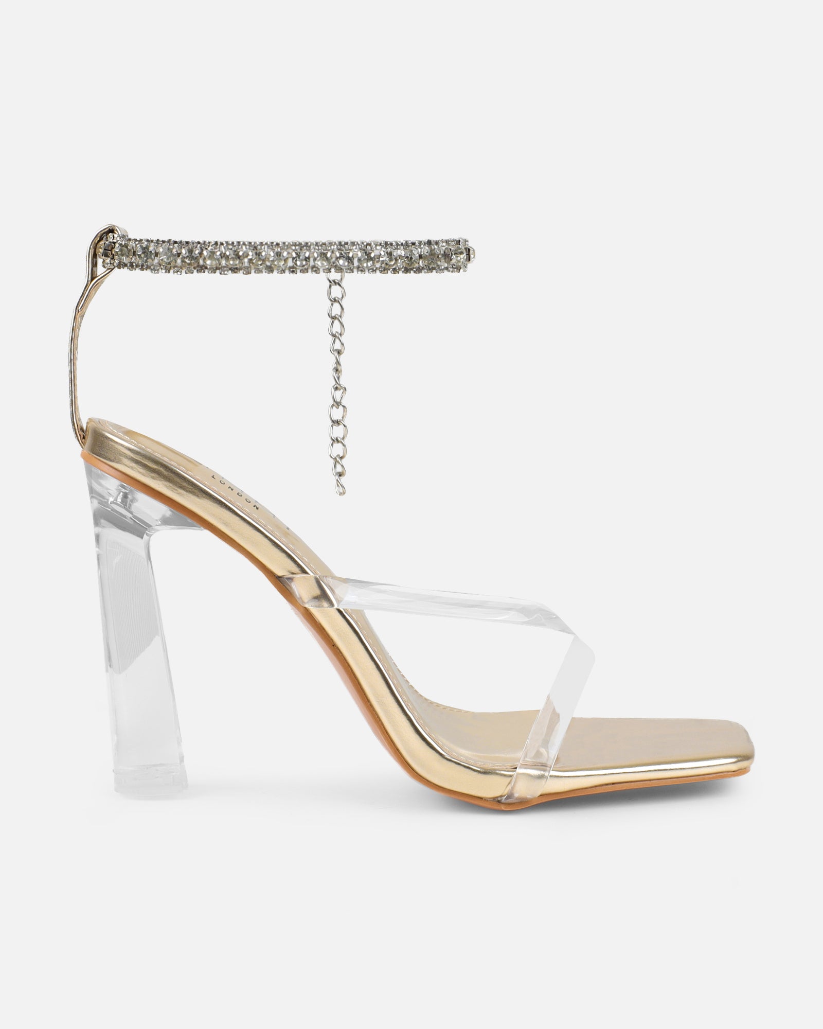 Faiith Clear Gold Metallic Diamante Anklet Heeled Sandals | SIMMI London