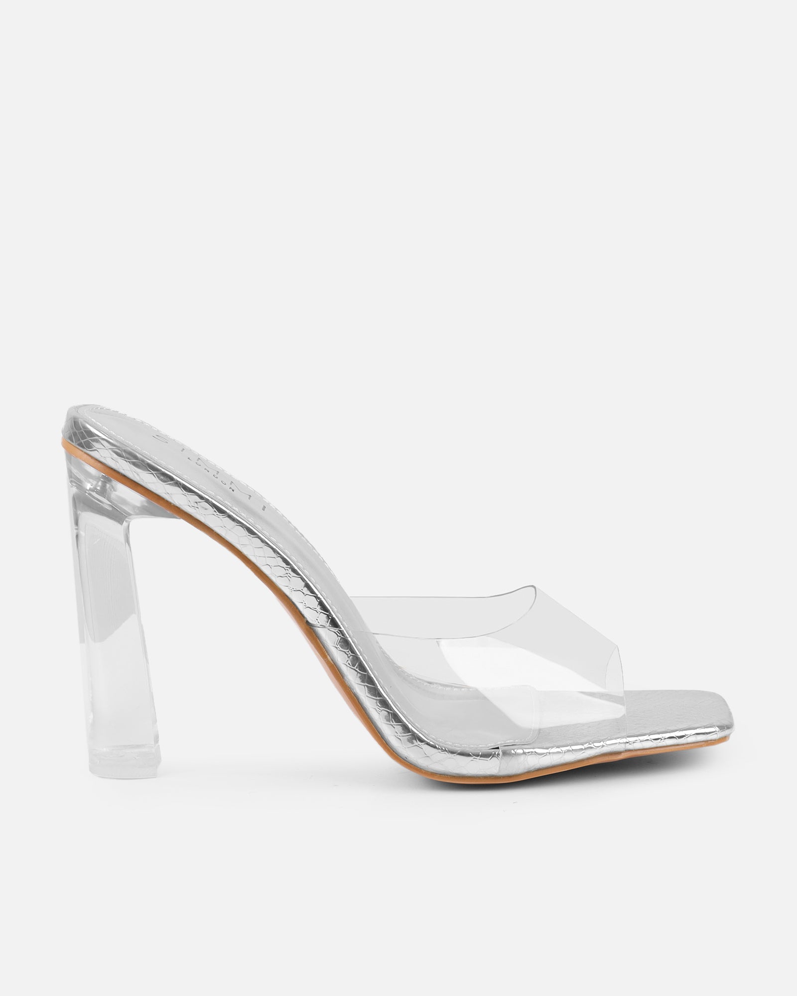 Maylee Clear Silver Faux Snake Metallic Mules | SIMMI London