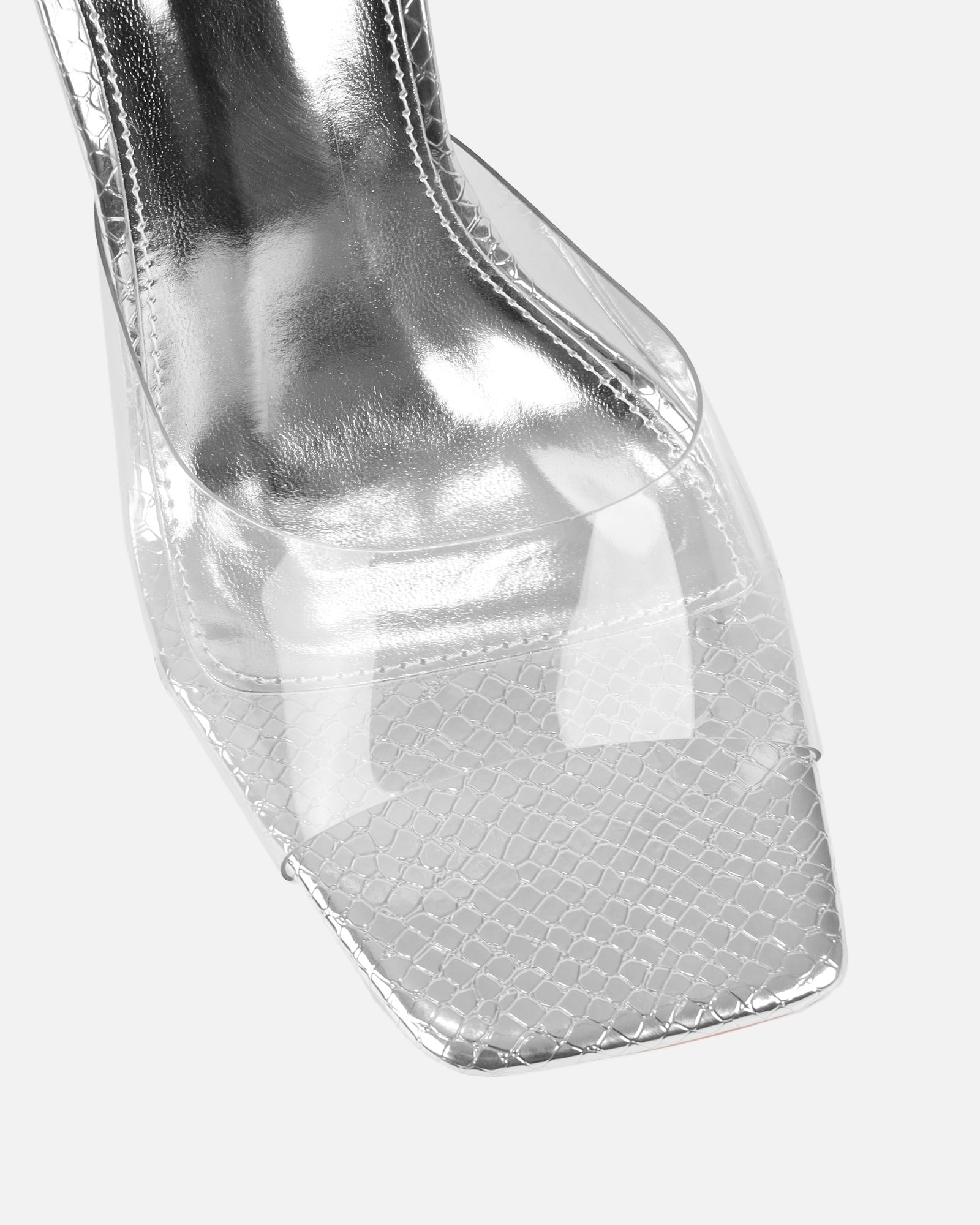 Maylee Clear Silver Faux Snake Metallic Mules | SIMMI London