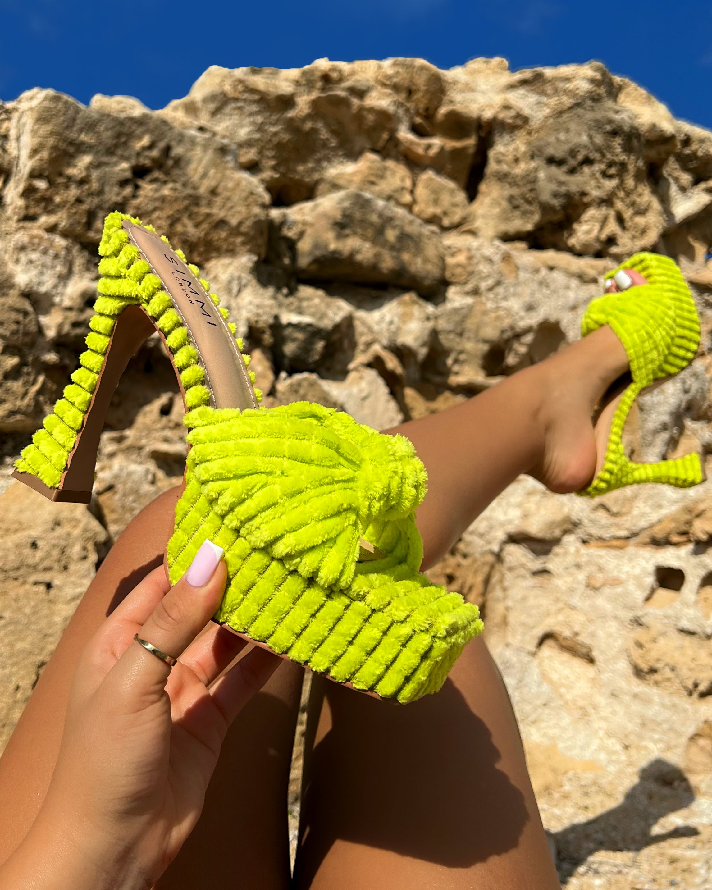 Tasha Ghouri Cedar Lime Green Towelling Knot Platform Mules | SIMMI London