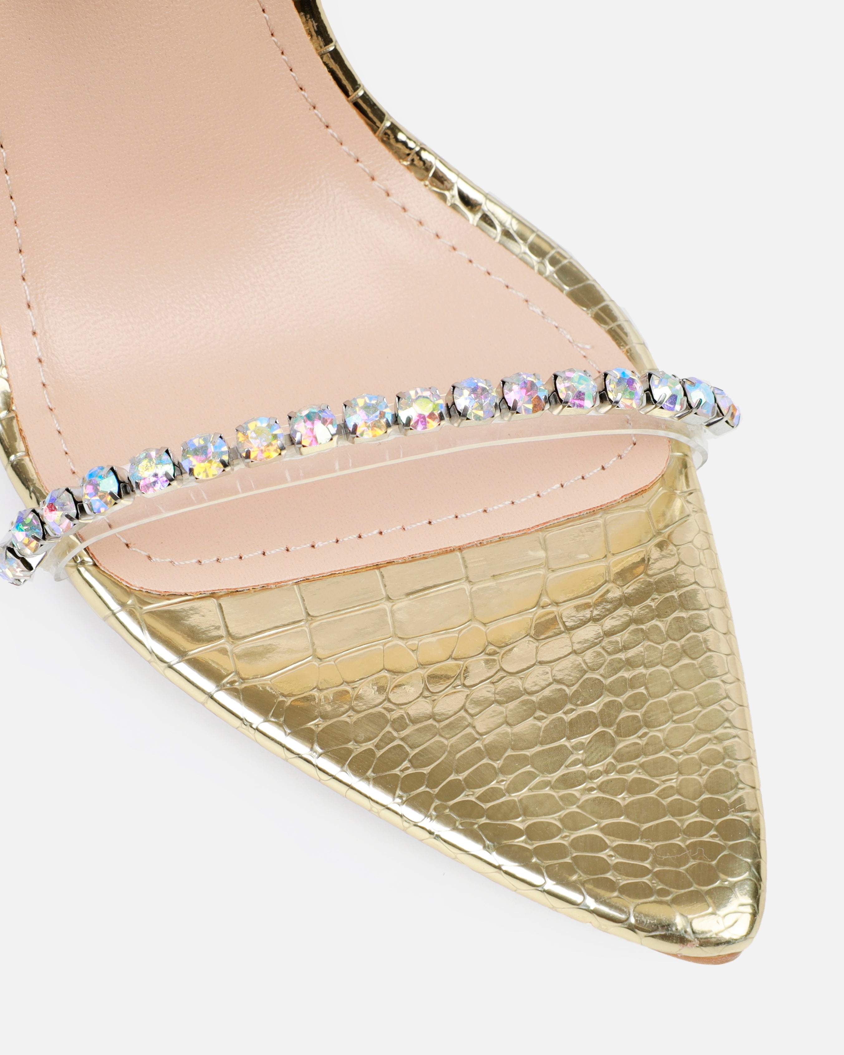 Felicity Gold Mirror Faux Snake Diamante Heels | SIMMI London