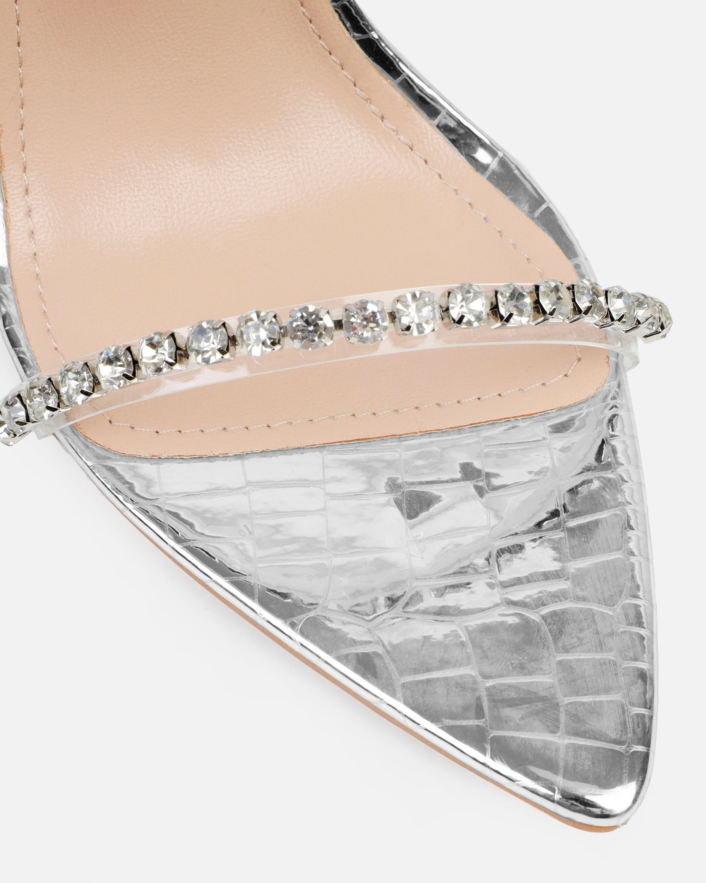 Felicity Silver Mirror Faux Snake Diamante Heels | SIMMI London