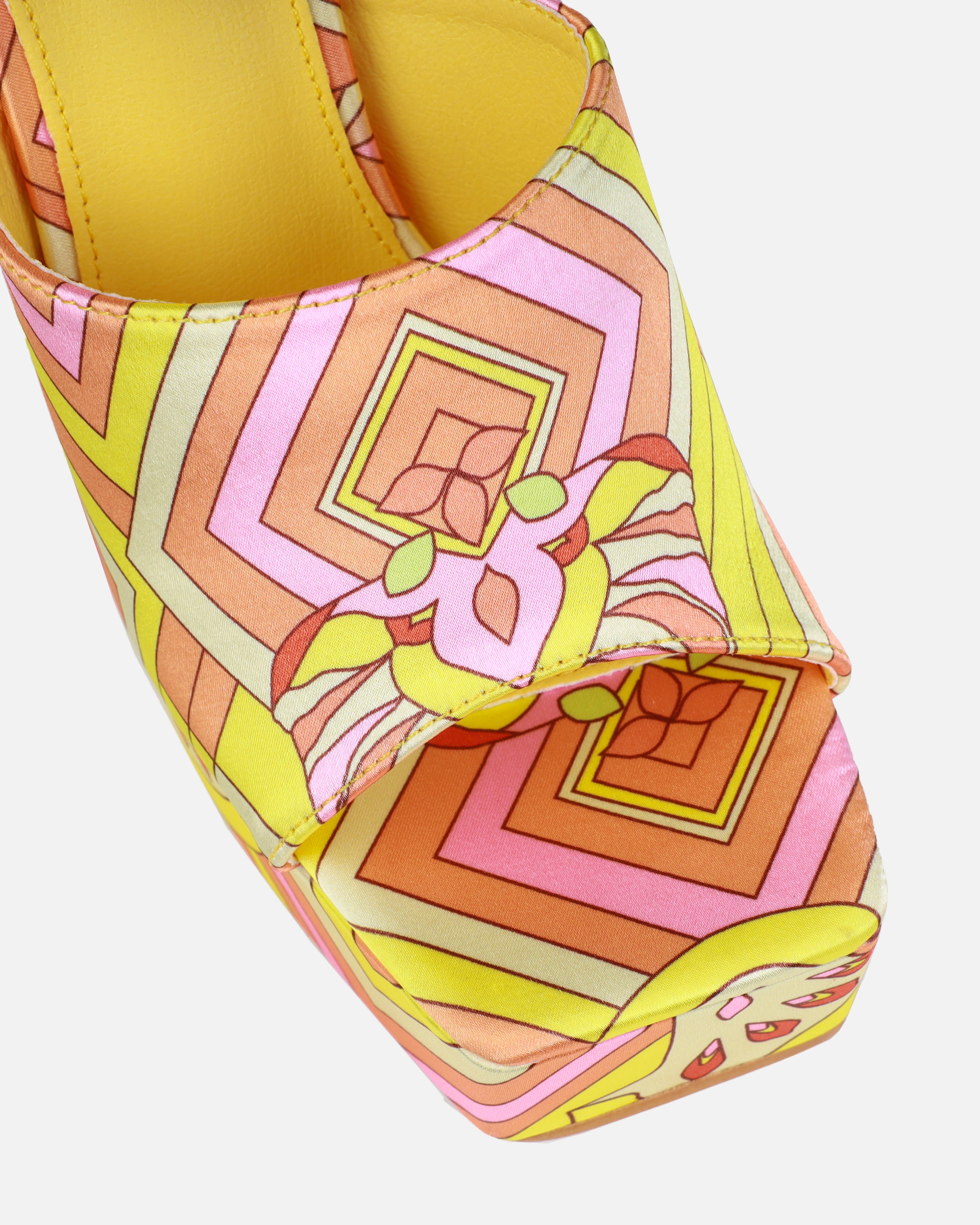 Fergie Yellow Scarf Print Platform Block Mules | SIMMI London