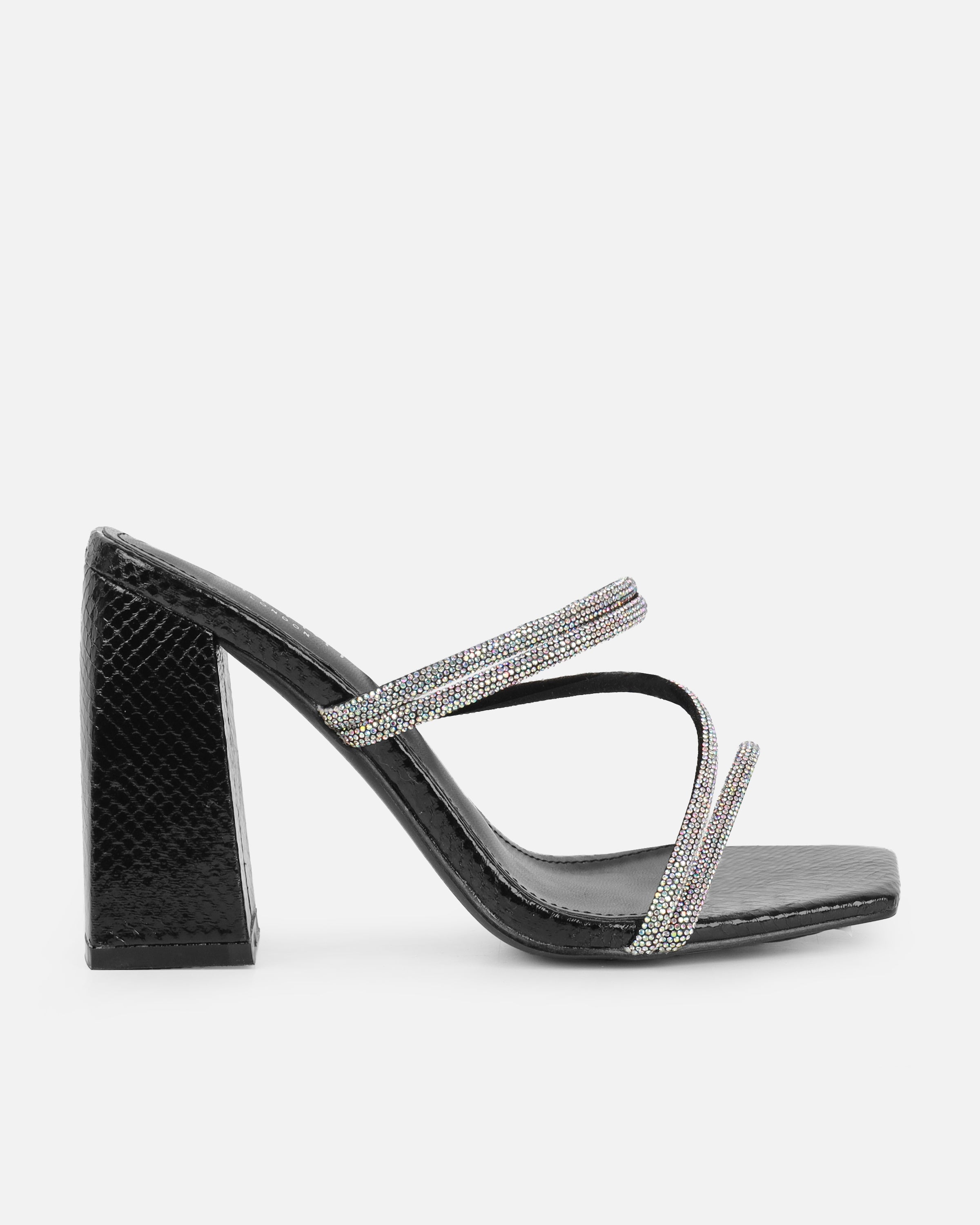 Ferne Black Faux Snake Diamante Block Heeled Sandals | SIMMI London