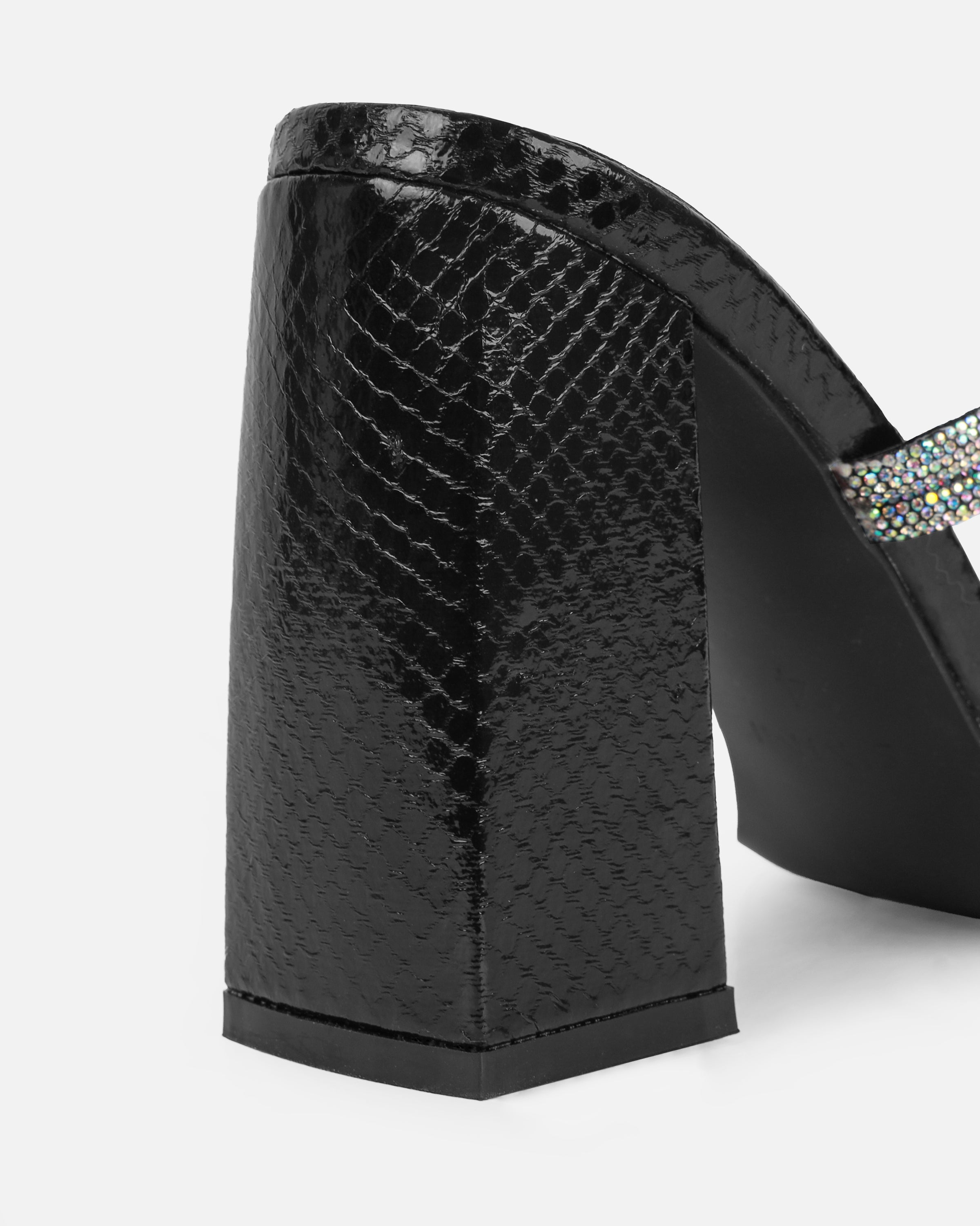 Ferne Black Faux Snake Diamante Block Heeled Sandals | SIMMI London