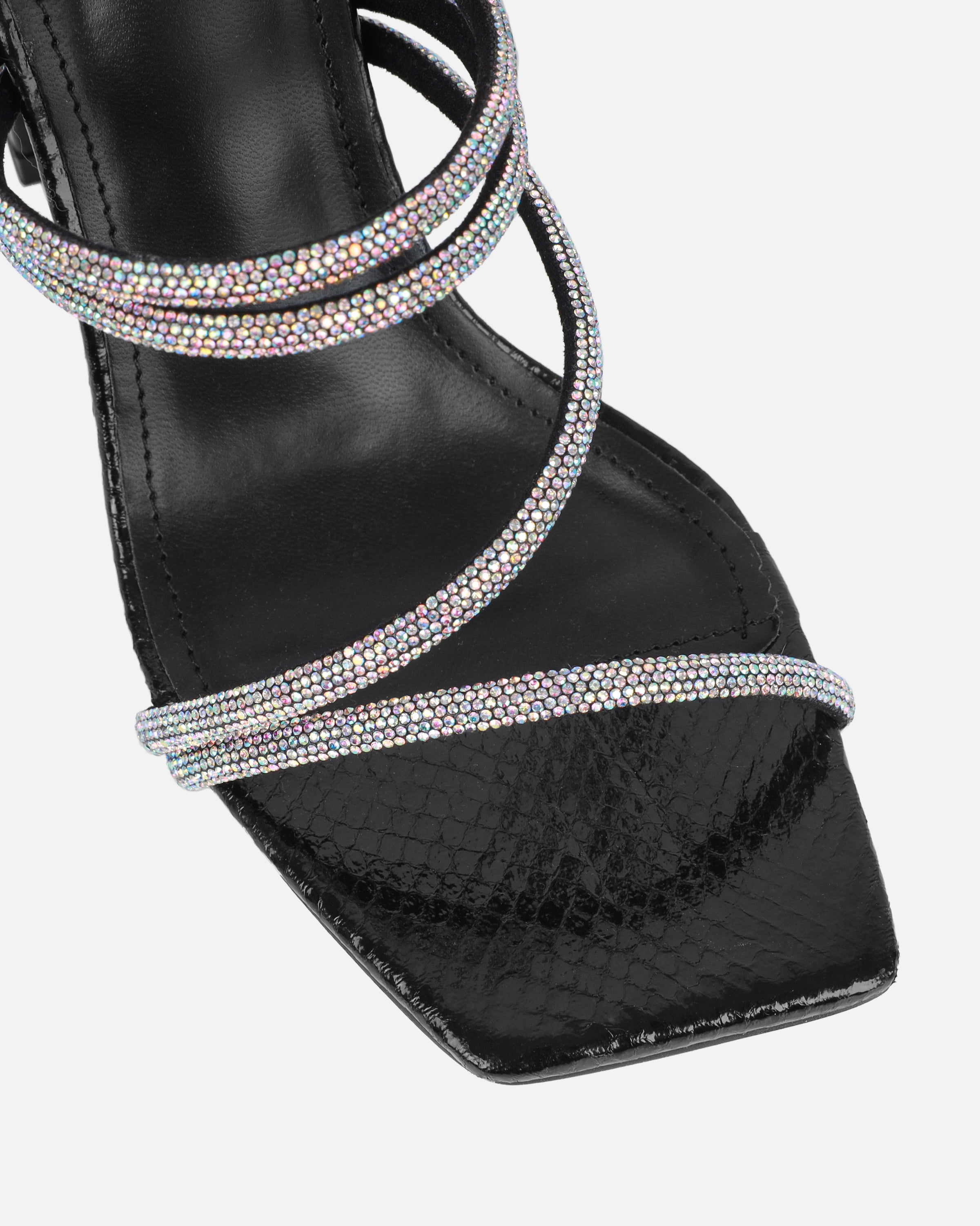 Ferne Black Faux Snake Diamante Block Heeled Sandals | SIMMI London