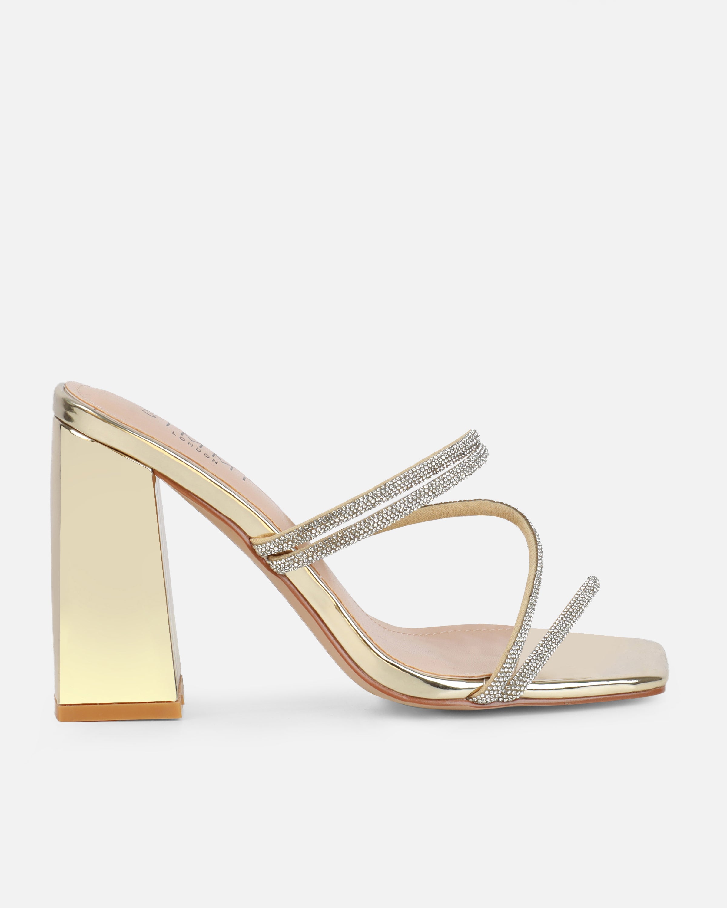 Ferne Gold Mirror Diamante Block Heeled Sandals | SIMMI London