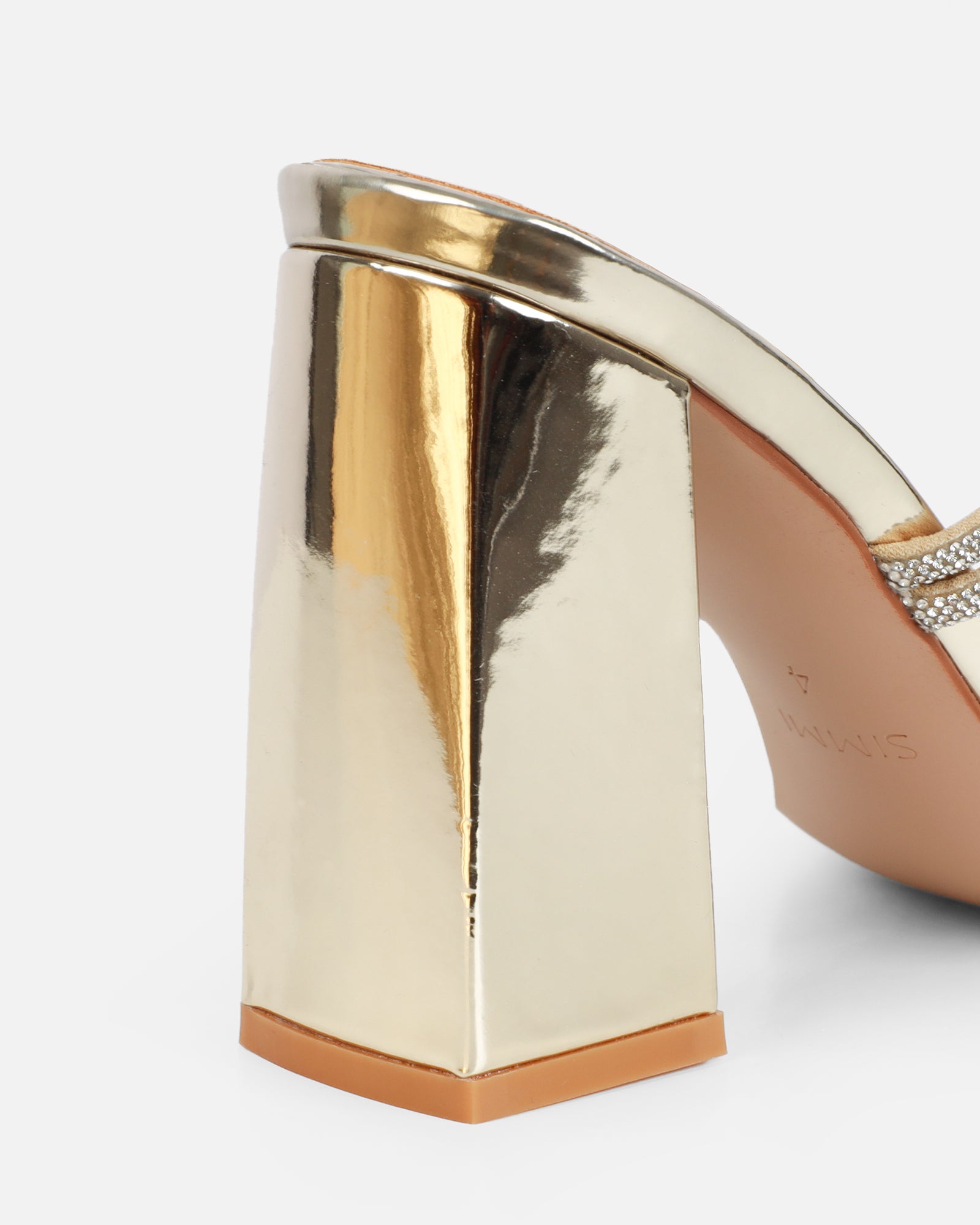 Ferne Gold Mirror Diamante Block Heeled Sandals | SIMMI London