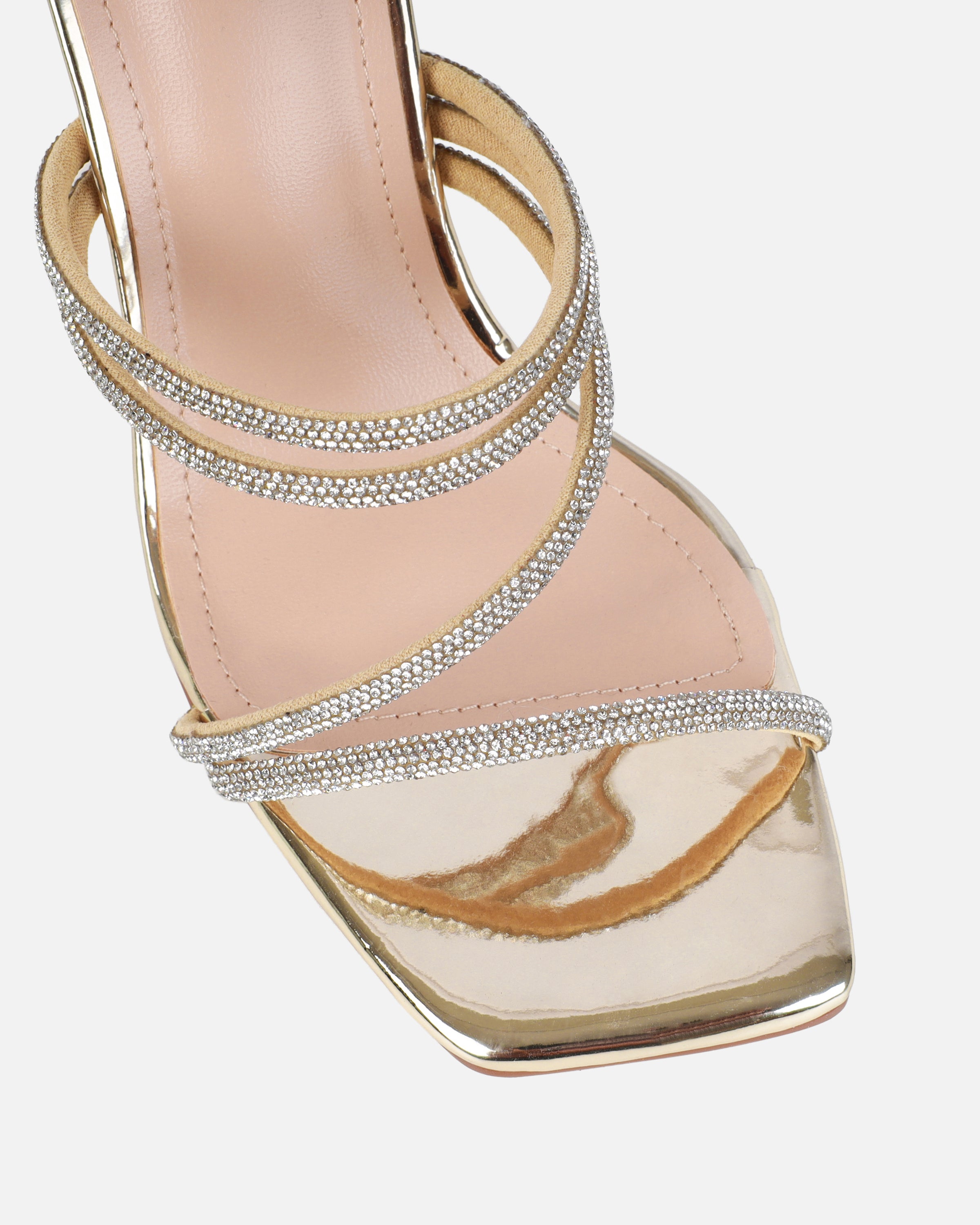 Ferne Gold Mirror Diamante Block Heeled Sandals | SIMMI London