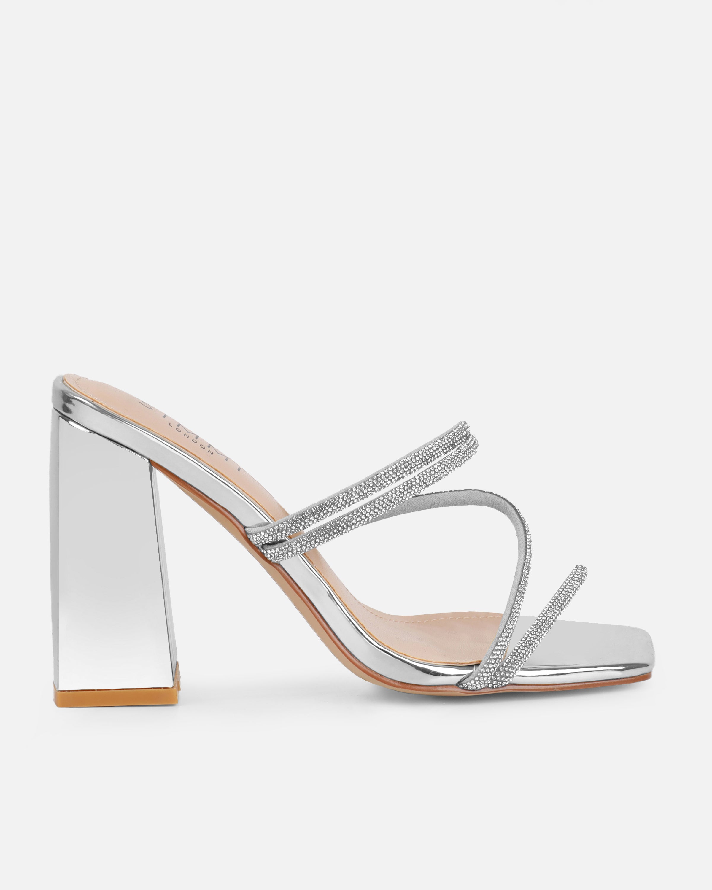 Ferne Silver Mirror Diamante Block Heeled Sandals | SIMMI London
