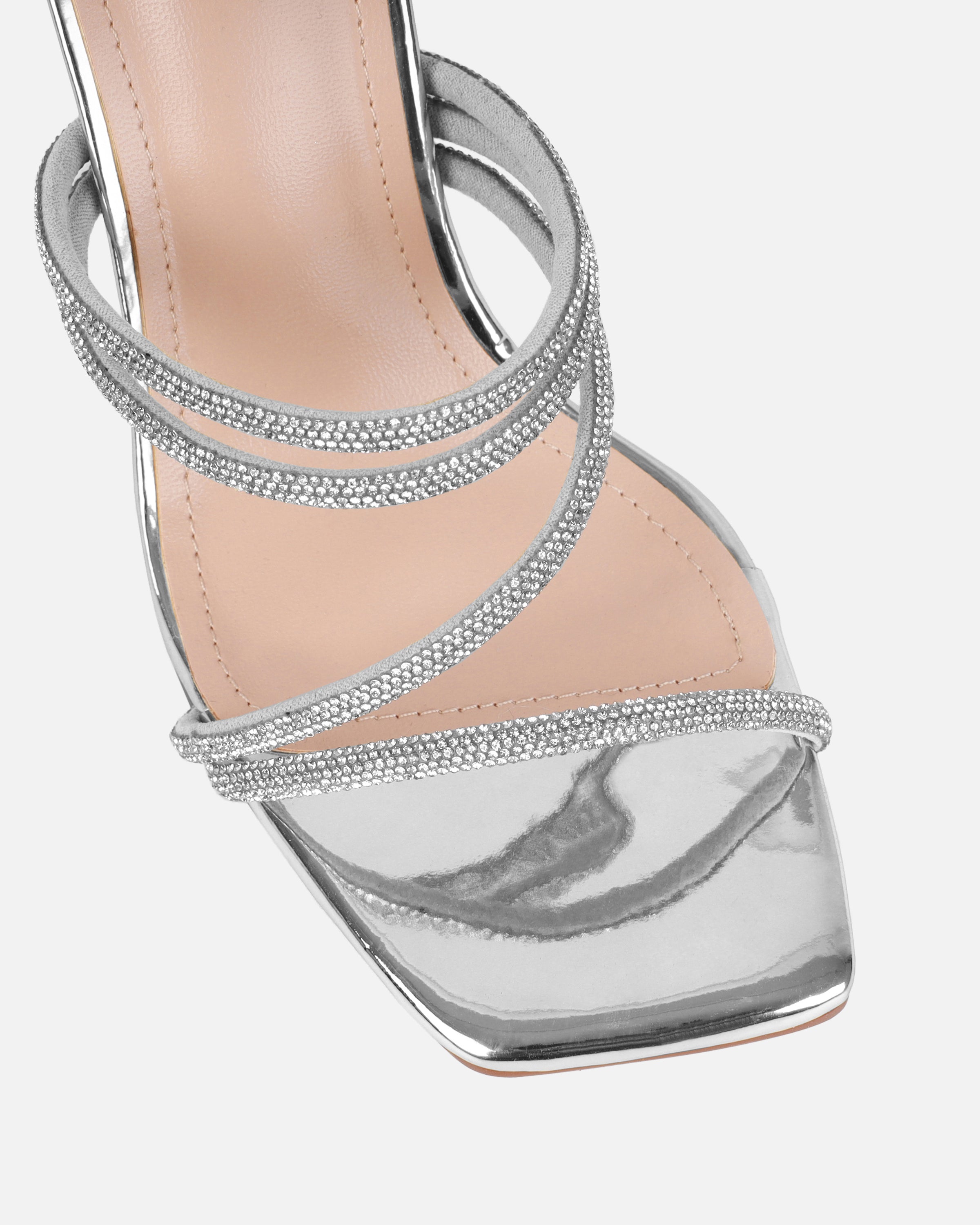 Ferne Silver Mirror Diamante Block Heeled Sandals | SIMMI London