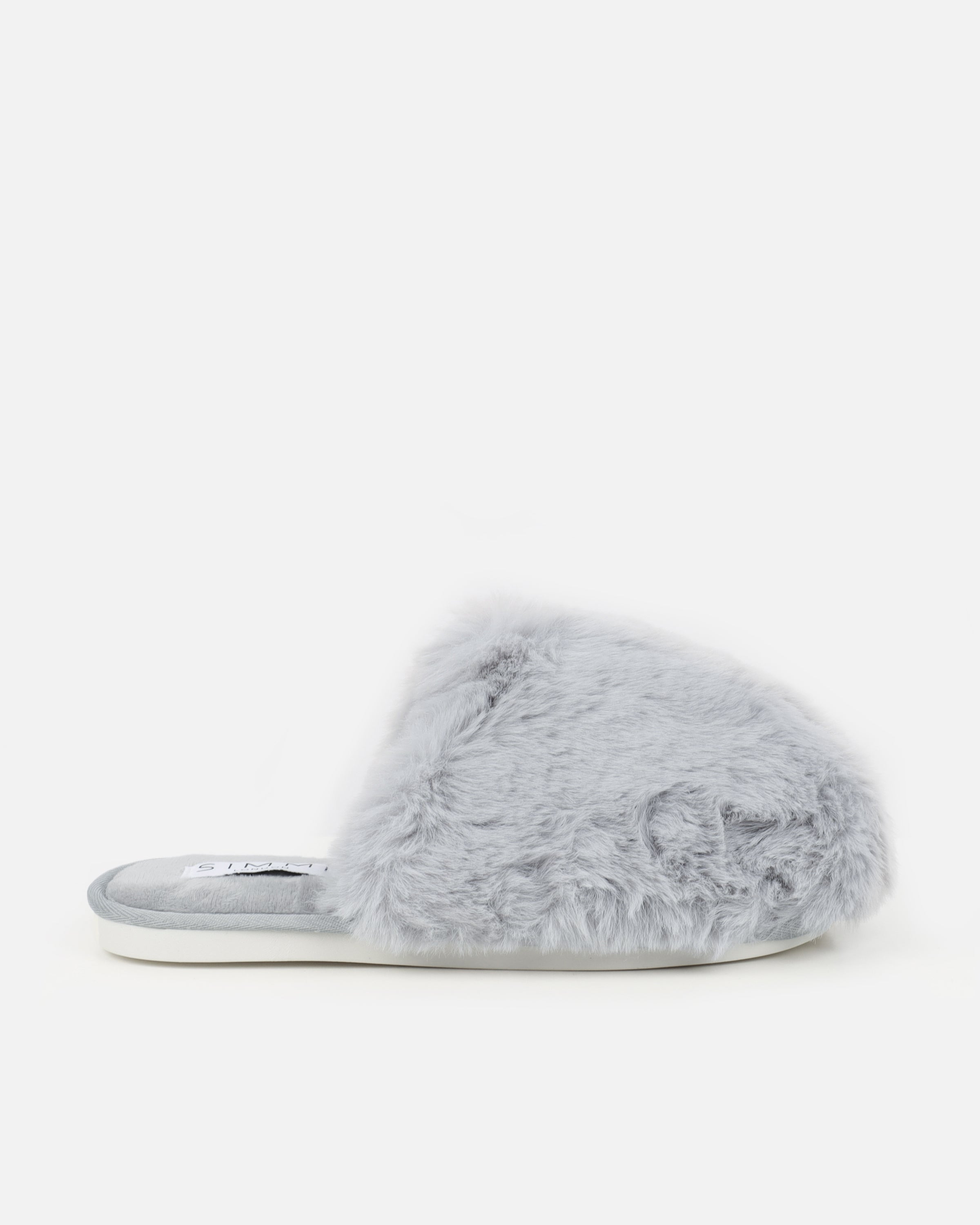 Fluff Grey Faux Fur Round Slippers | SIMMI London