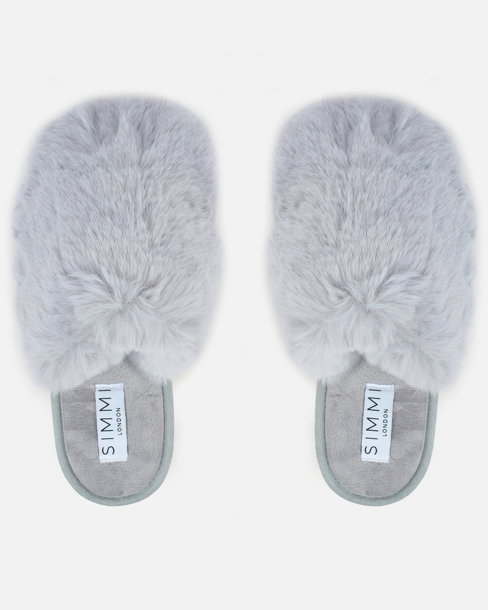 Fluff Grey Faux Fur Round Slippers | SIMMI London