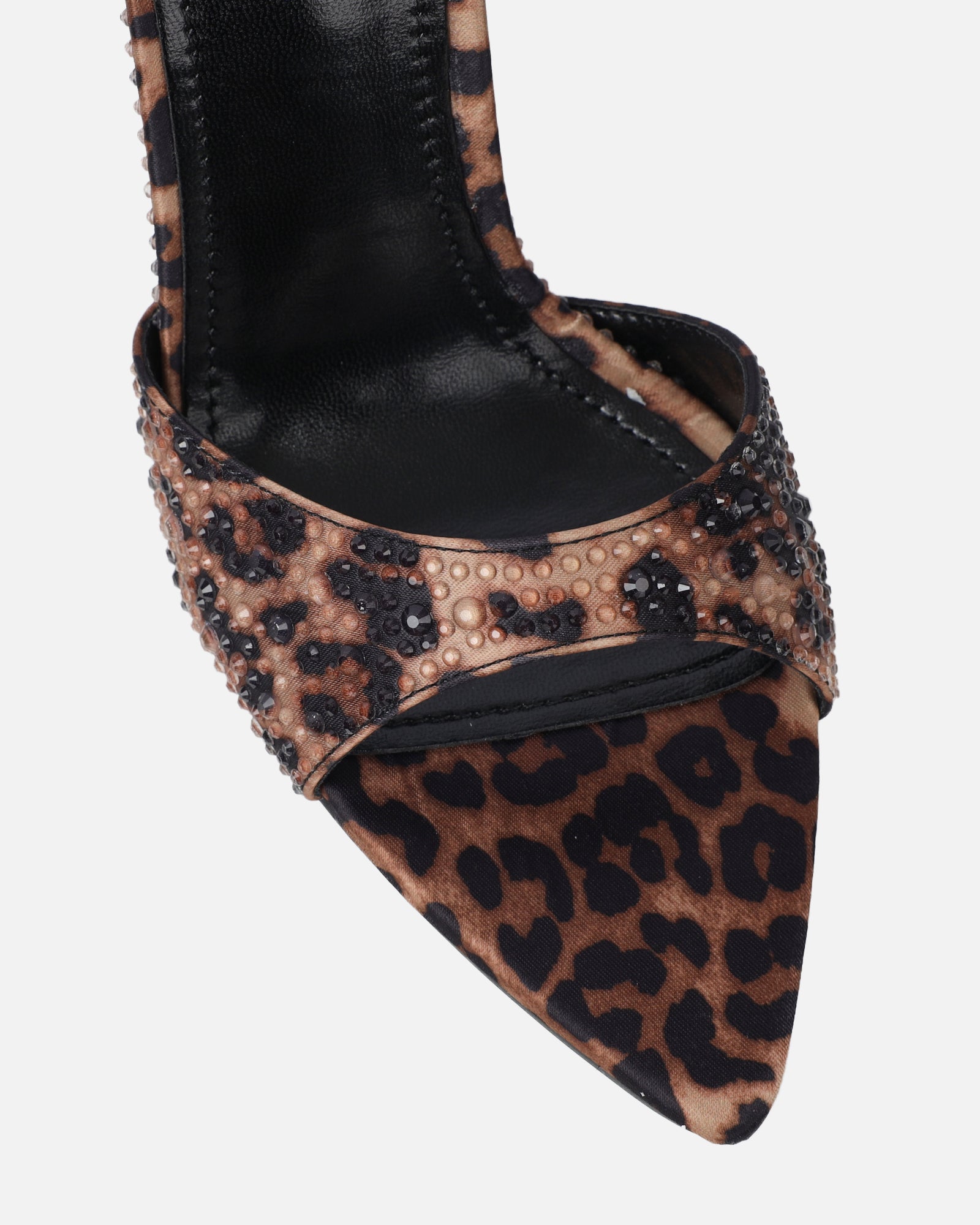 Fenella Leopard Print Satin Diamante Mules | SIMMI London