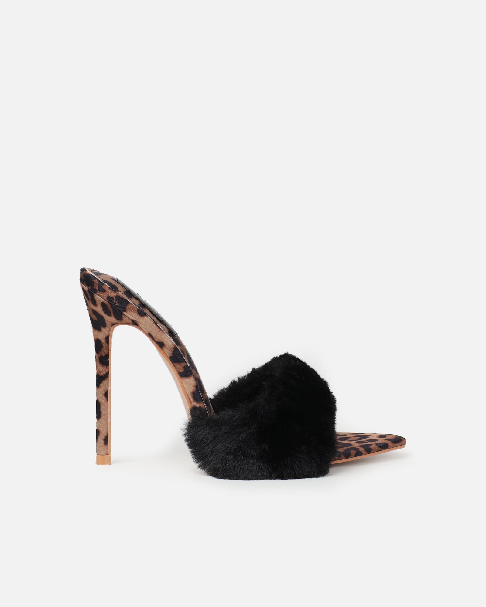 Fantazia Black Leopard Faux Fur Stiletto Mules | SIMMI London