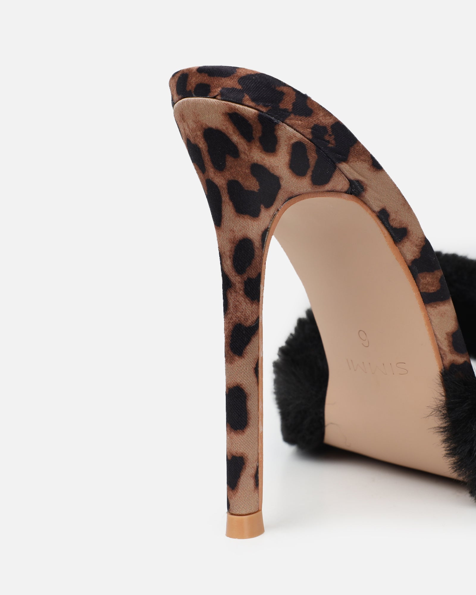 Fantazia Black Leopard Faux Fur Stiletto Mules | SIMMI London