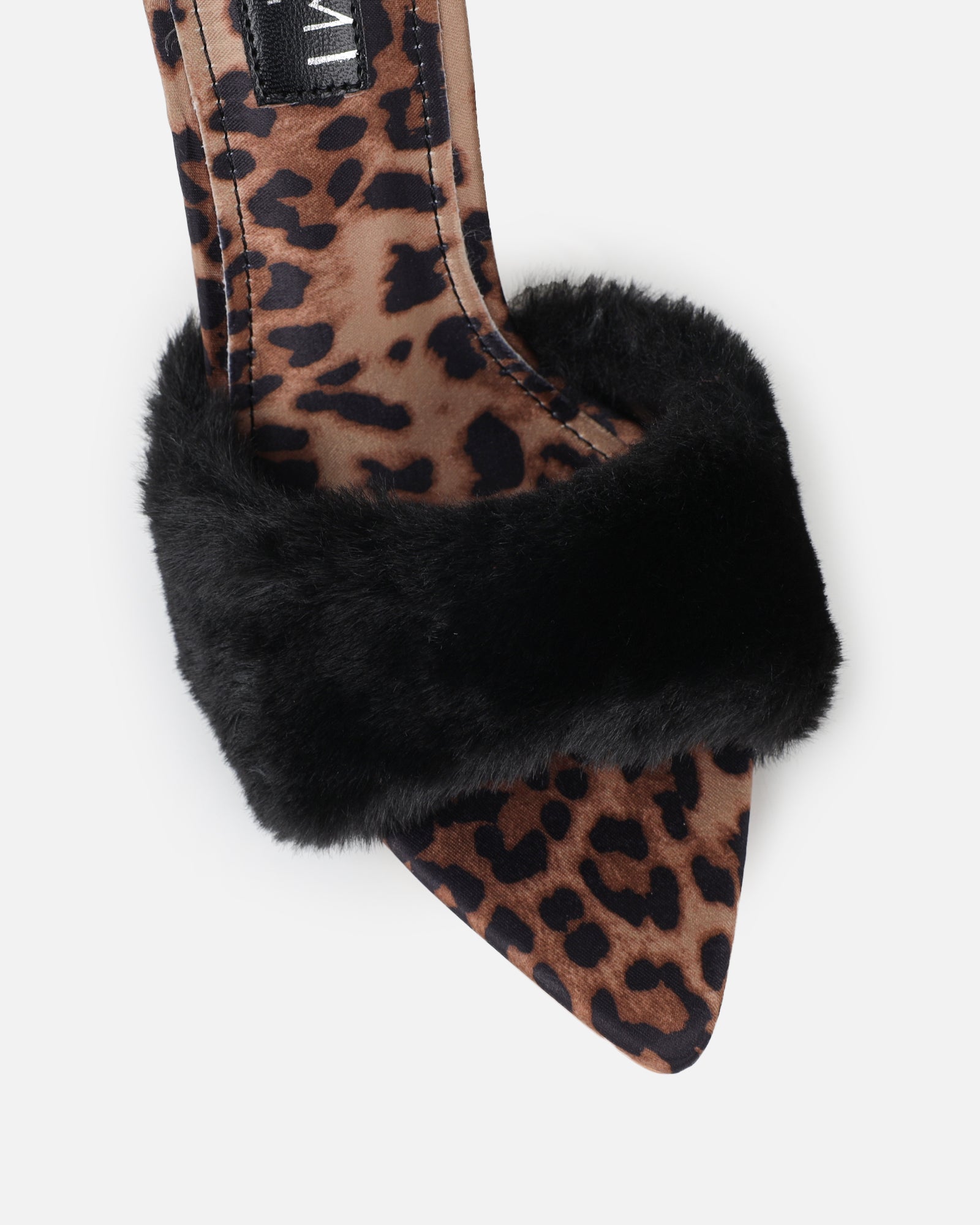 Fantazia Black Leopard Faux Fur Stiletto Mules | SIMMI London