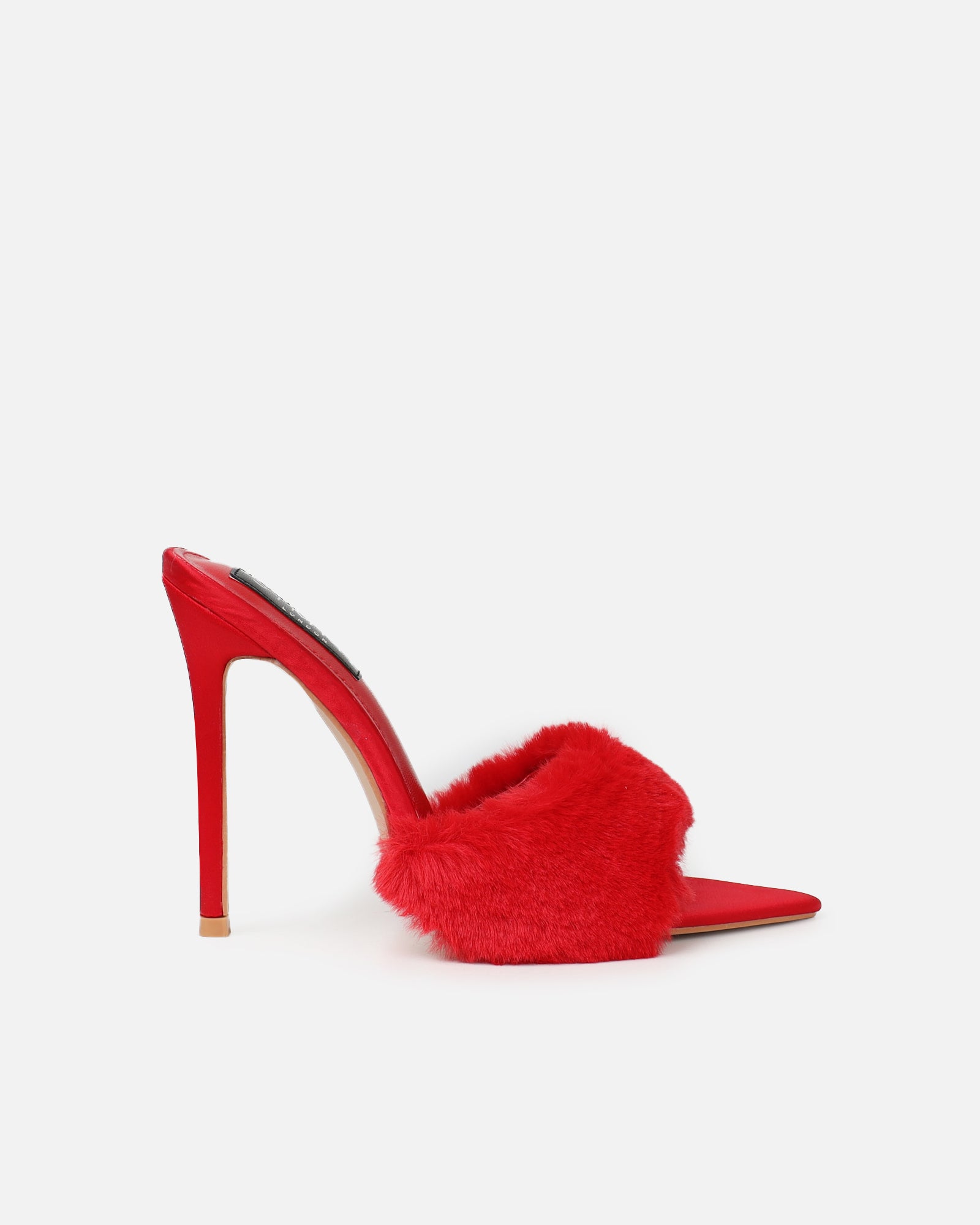 Fantazia Red Satin Faux Fur Stiletto Mules | SIMMI London