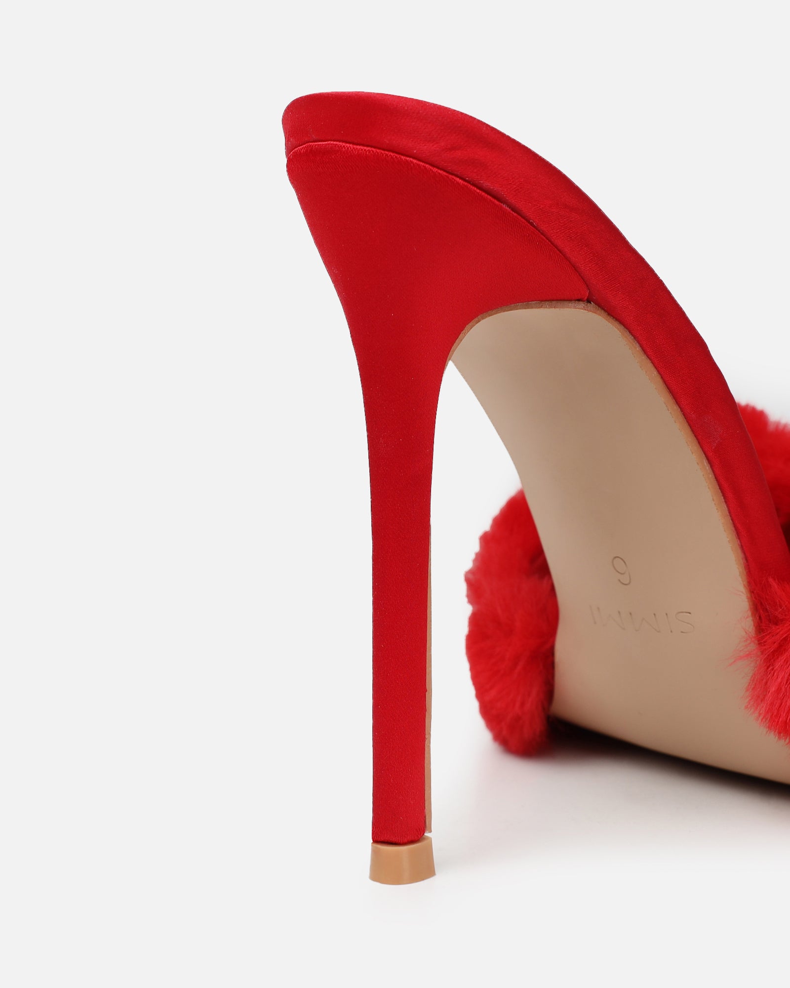 Fantazia Red Satin Faux Fur Stiletto Mules | SIMMI London