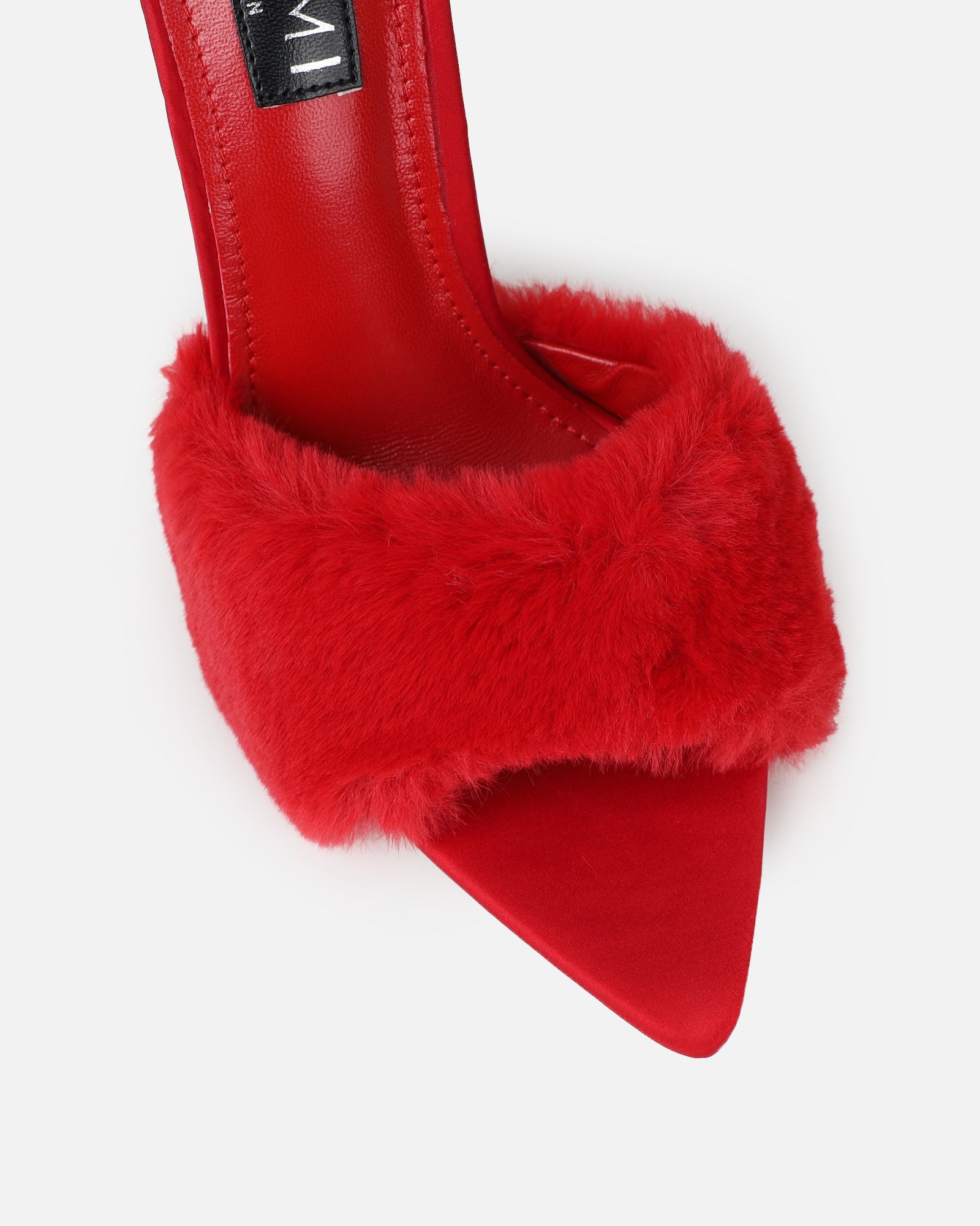 Fantazia Red Satin Faux Fur Stiletto Mules | SIMMI London